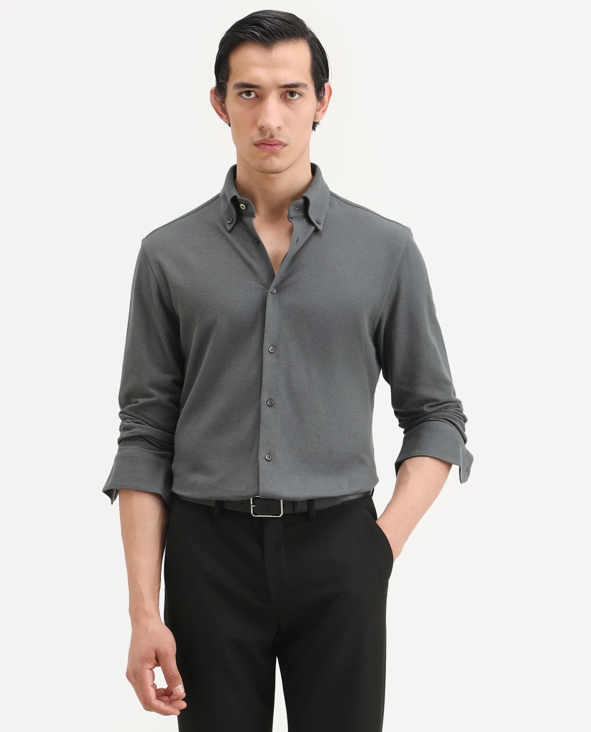 Rare Rabbit Men's Vane-Ss26 Dark Grey Cotton Fabric Full Sleeve Regular Fit Plain Shirt