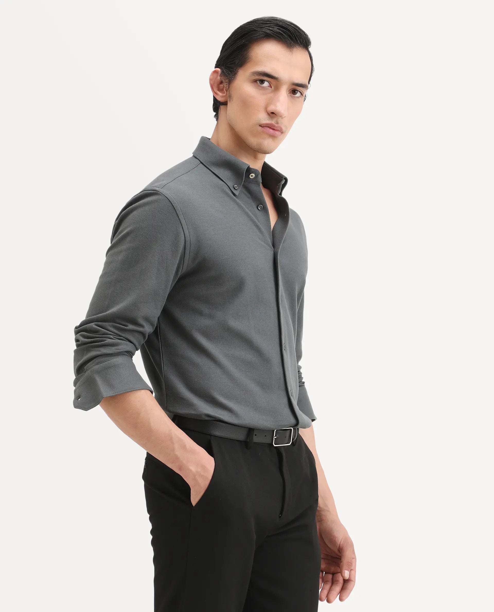 Rare Rabbit Men's Vane-Ss26 Dark Grey Cotton Fabric Full Sleeve Regular Fit Plain Shirt