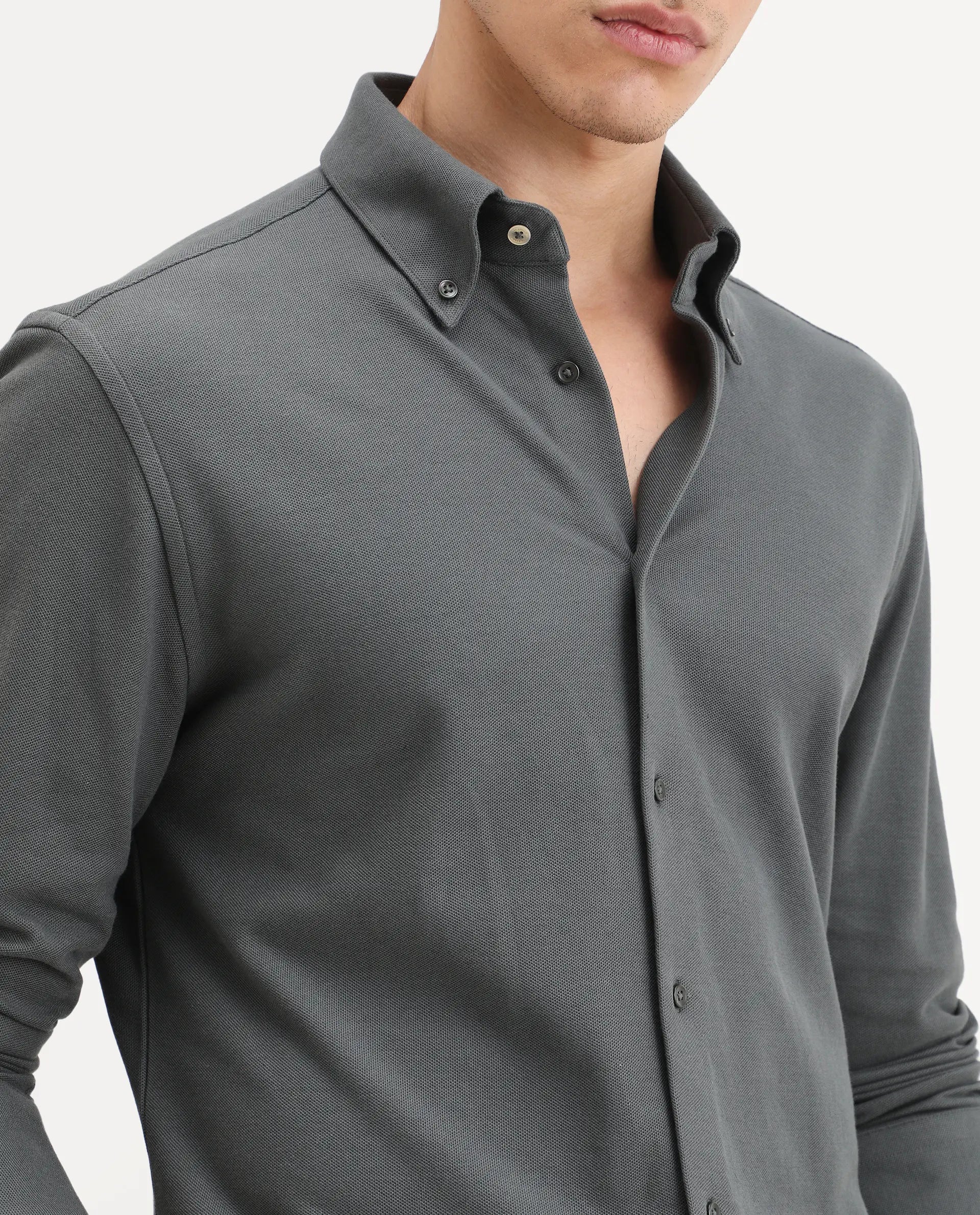 Rare Rabbit Men's Vane-Ss26 Dark Grey Cotton Fabric Full Sleeve Regular Fit Plain Shirt