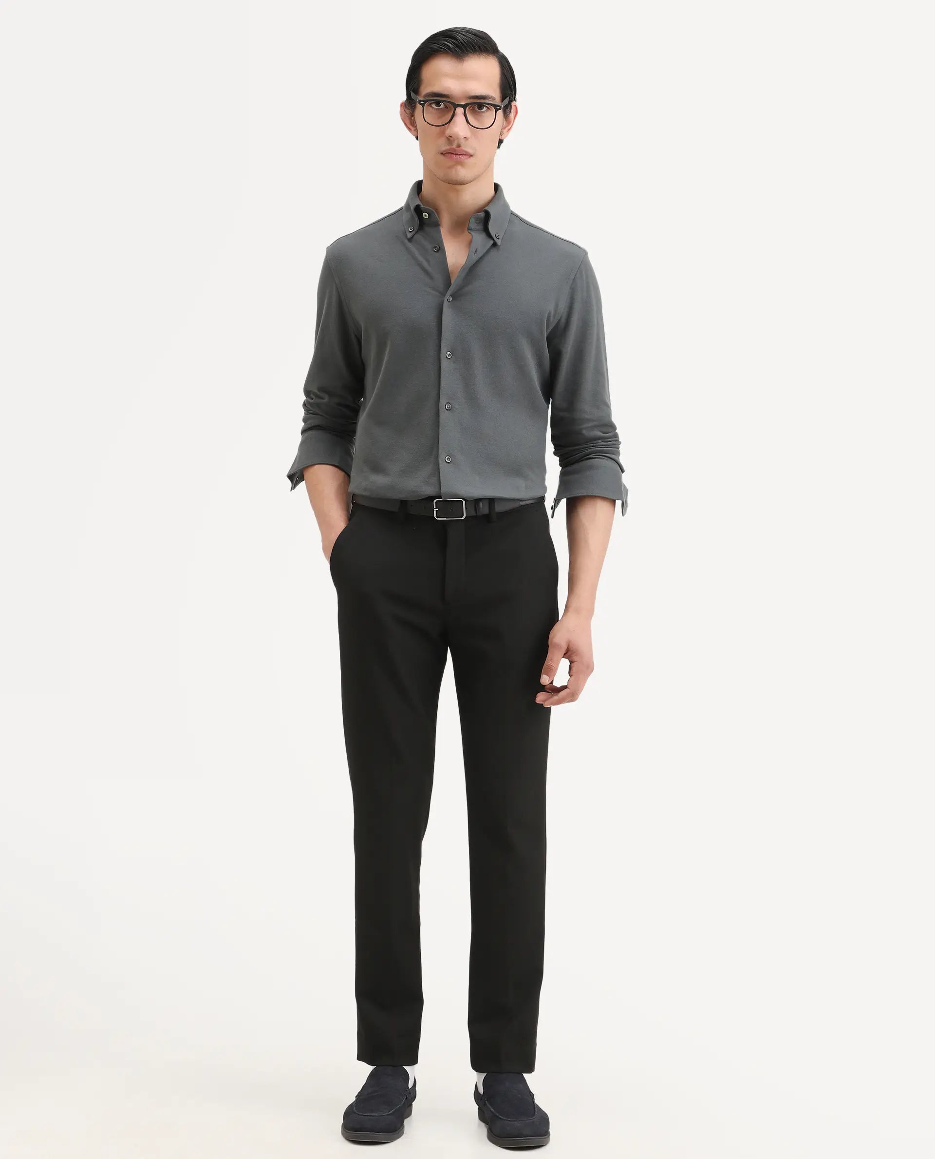 Rare Rabbit Men's Vane-Ss26 Dark Grey Cotton Fabric Full Sleeve Regular Fit Plain Shirt