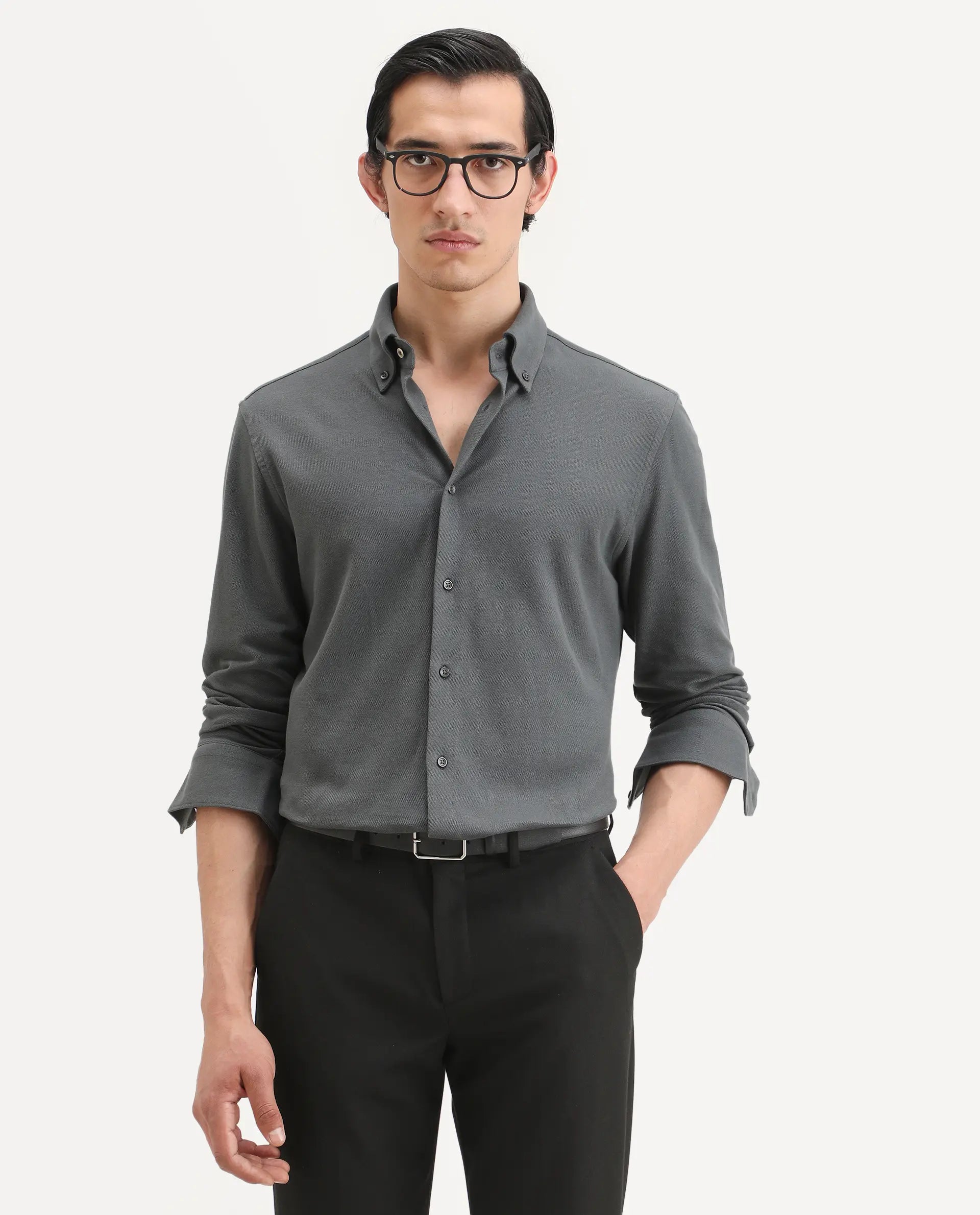 Rare Rabbit Men's Vane-Ss26 Dark Grey Cotton Fabric Full Sleeve Regular Fit Plain Shirt