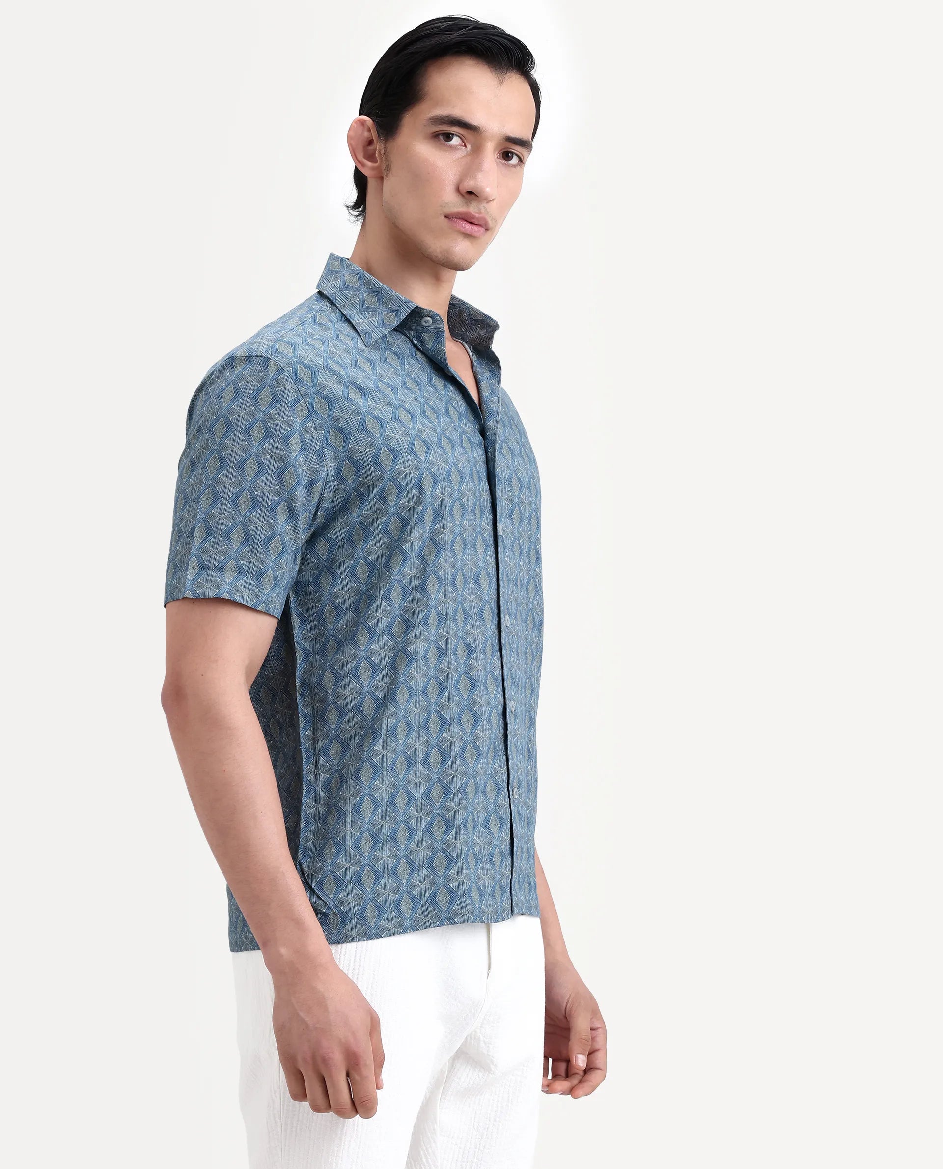 Rare Rabbit Men's Terk-Ss Blue Viscose Fabric Half Sleeve Spread Collar Regular Fit Geometric Print Shirt