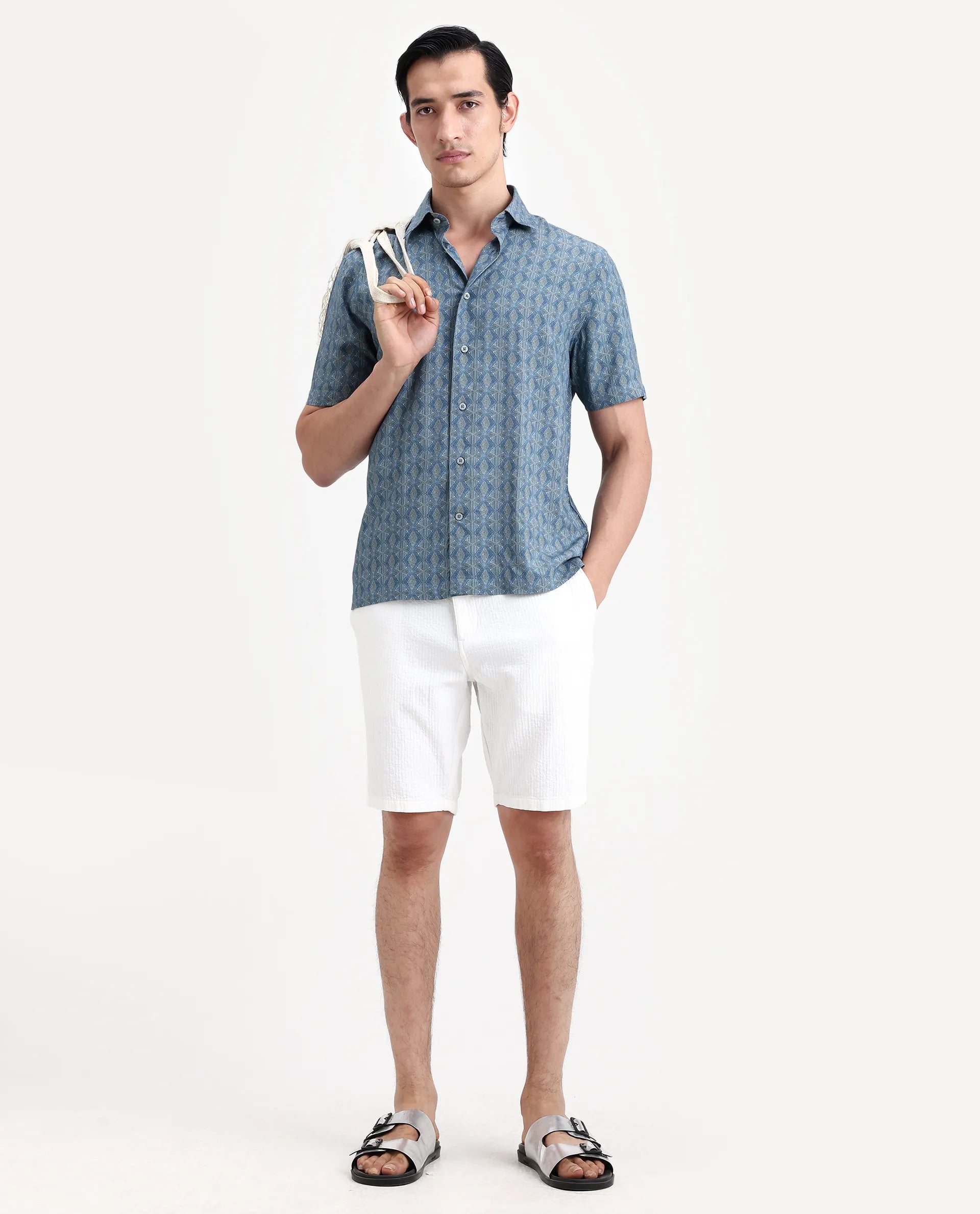 Rare Rabbit Men's Terk-Ss Blue Viscose Fabric Half Sleeve Spread Collar Regular Fit Geometric Print Shirt