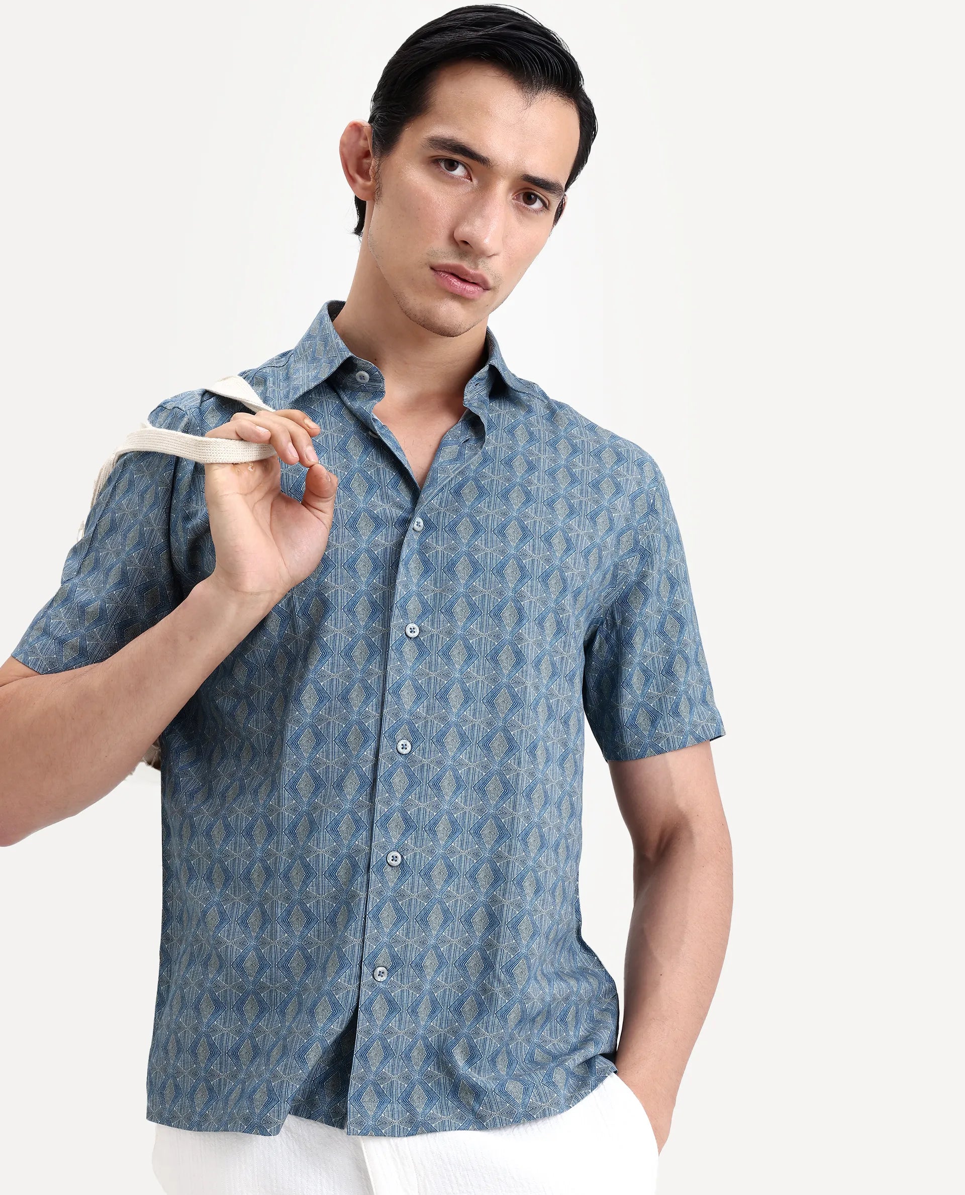 Rare Rabbit Men's Terk-Ss Blue Viscose Fabric Half Sleeve Spread Collar Regular Fit Geometric Print Shirt