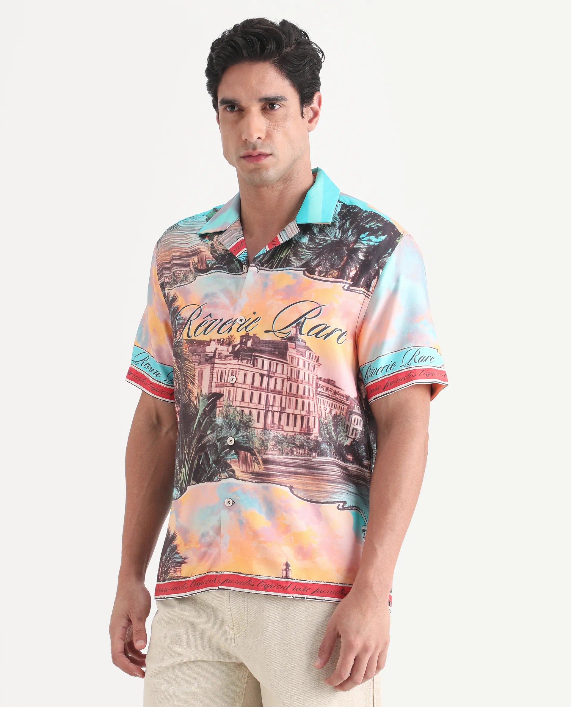 Rare Rabbit Men's Trop Multi Cotton Blend Fabric Half Sleeve Cuban Collar Regular Fit Tropical Print Shirt
