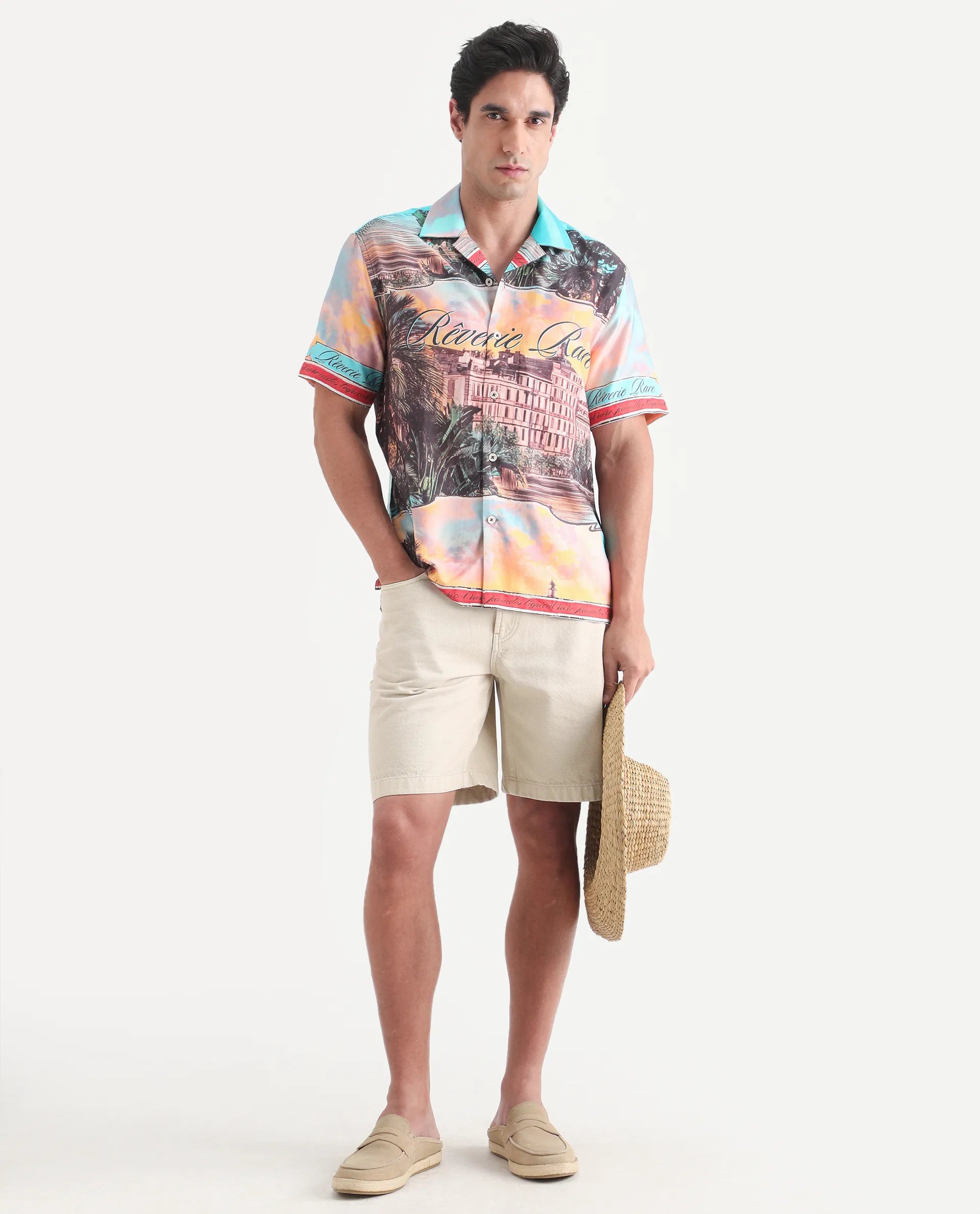 Rare Rabbit Men's Trop Multi Cotton Blend Fabric Half Sleeve Cuban Collar Regular Fit Tropical Print Shirt
