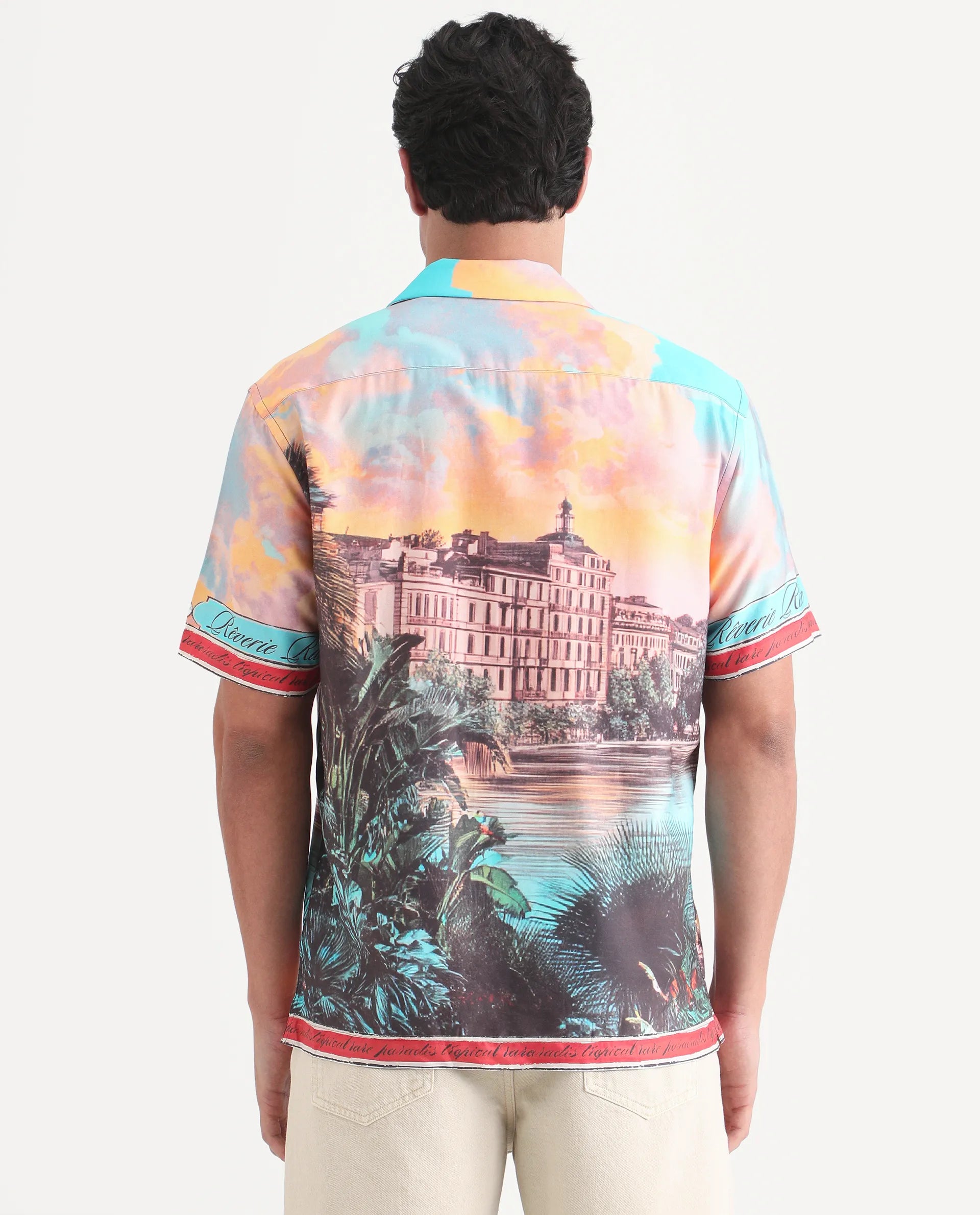 Rare Rabbit Men's Trop Multi Cotton Blend Fabric Half Sleeve Cuban Collar Regular Fit Tropical Print Shirt