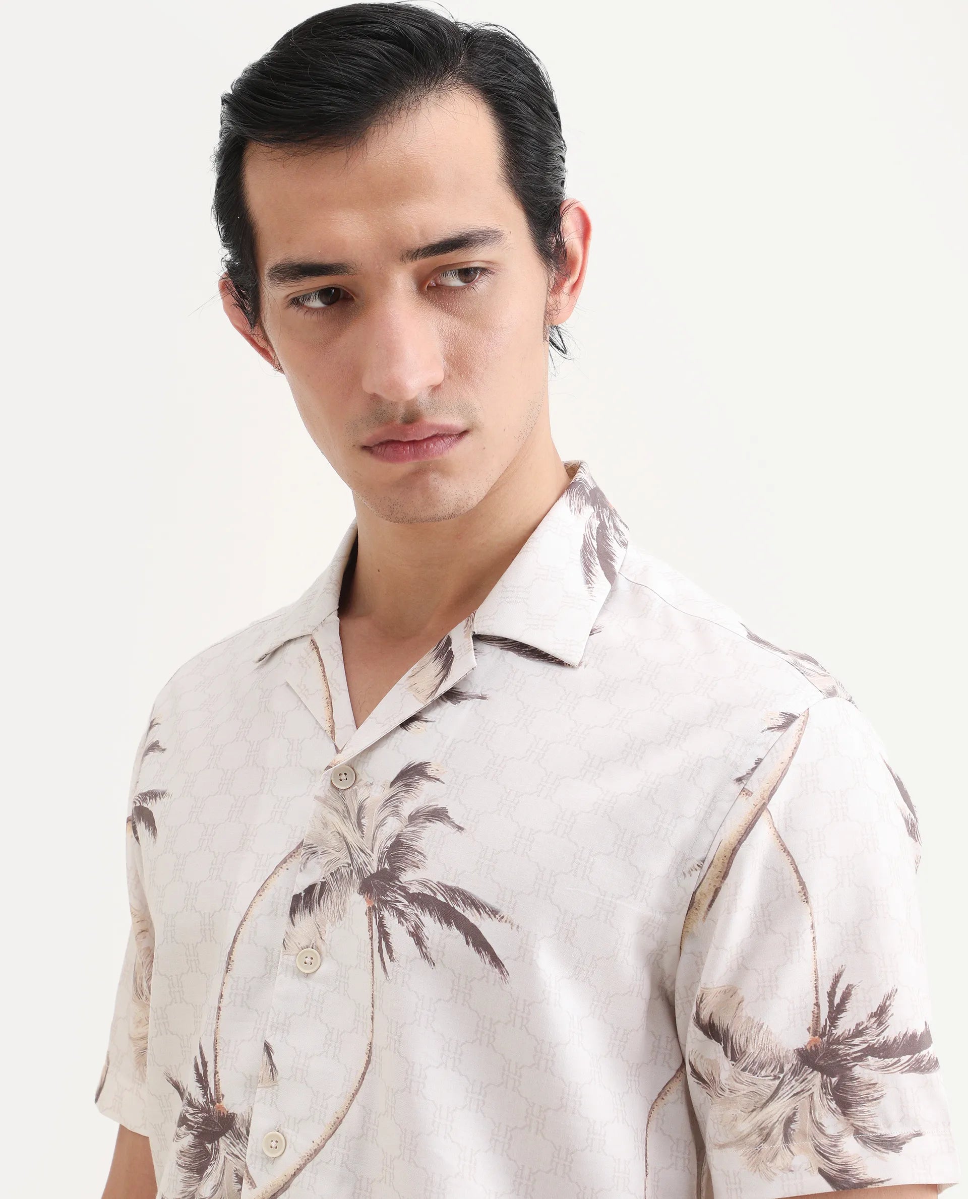 Rare Rabbit Men's Tropi Beige Cotton Blend Fabric Half Sleeve Spread Collar Regular Fit Tropical Print Shirt