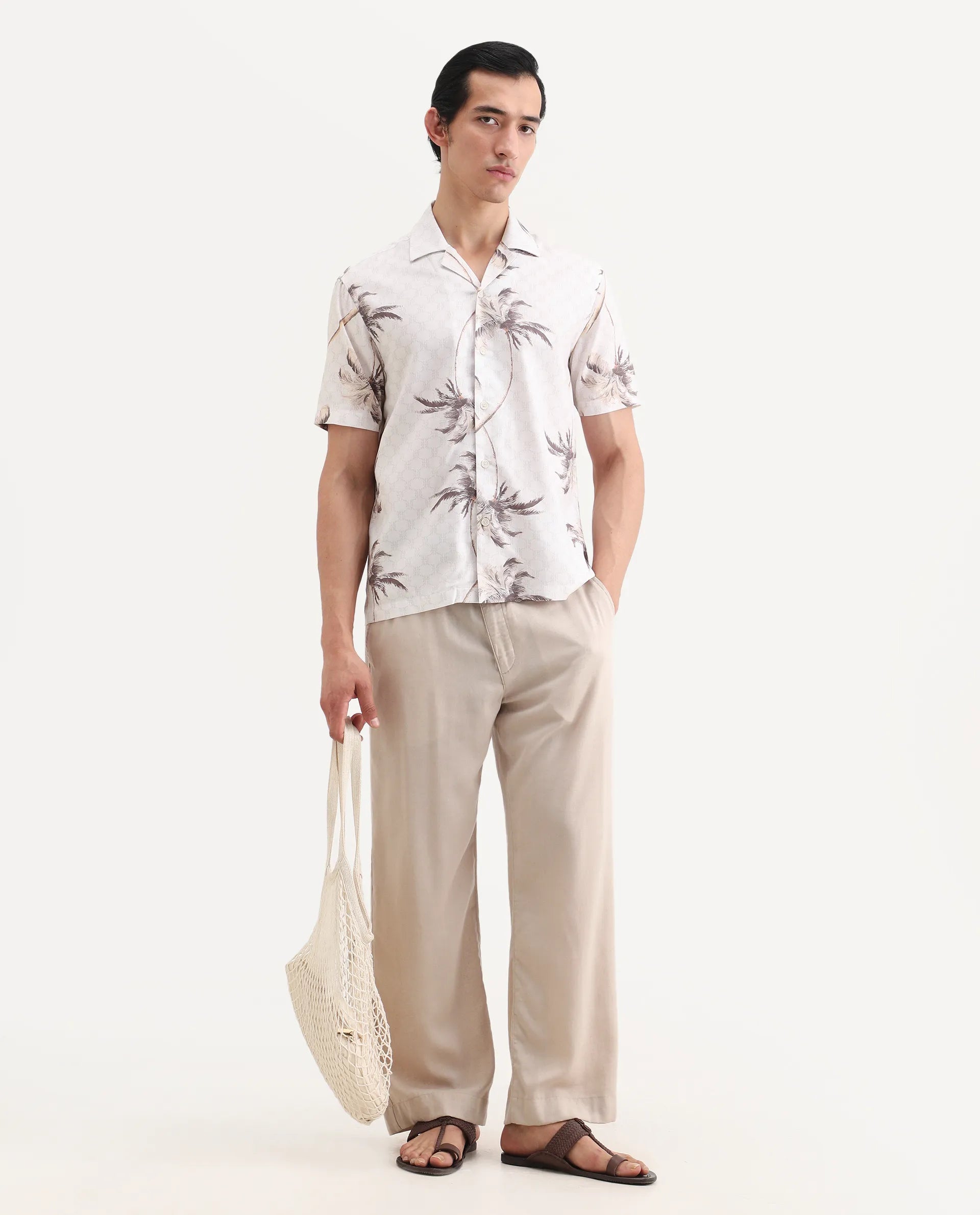 Rare Rabbit Men's Tropi Beige Cotton Blend Fabric Half Sleeve Spread Collar Regular Fit Tropical Print Shirt