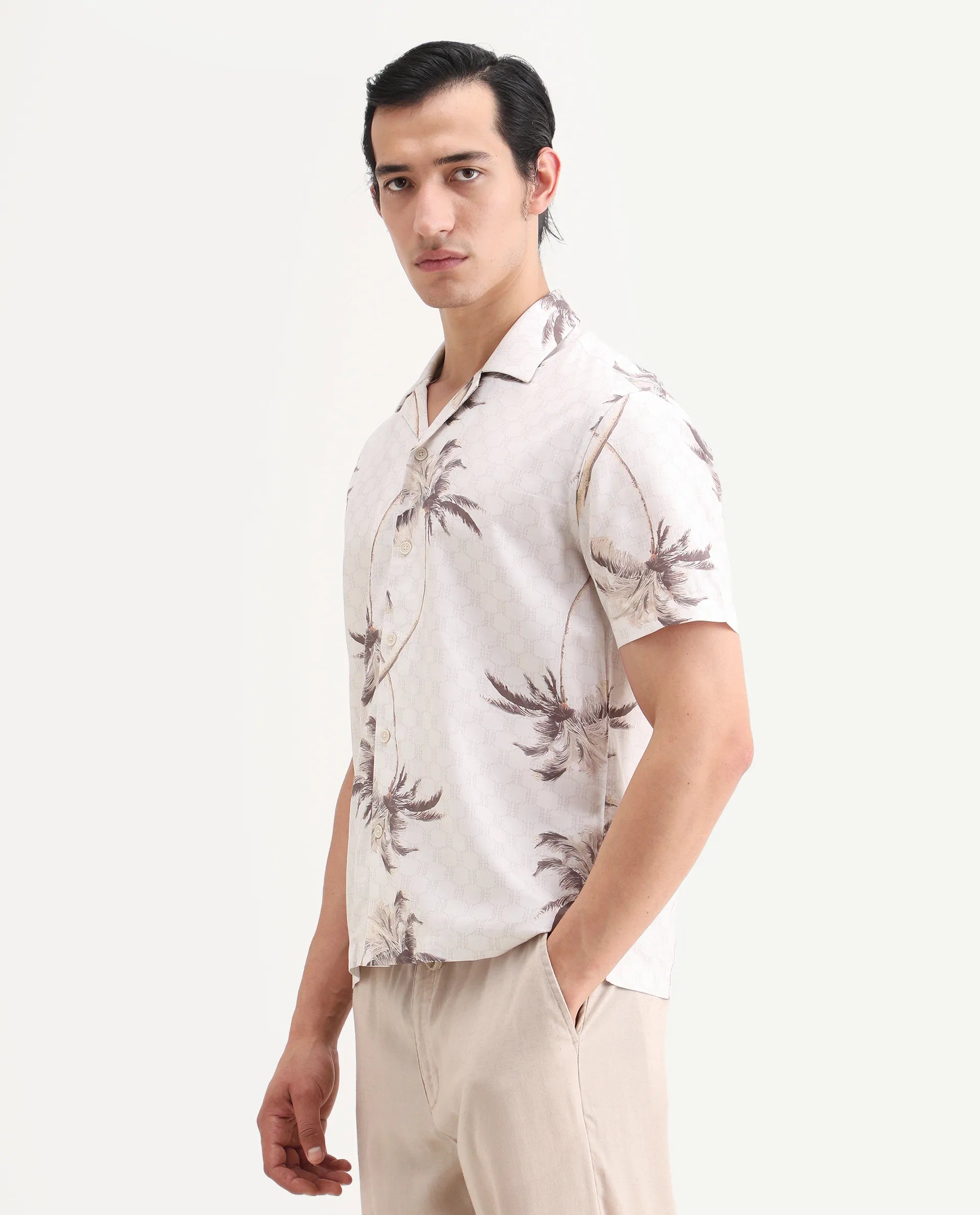 Rare Rabbit Men's Tropi Beige Cotton Blend Fabric Half Sleeve Spread Collar Regular Fit Tropical Print Shirt
