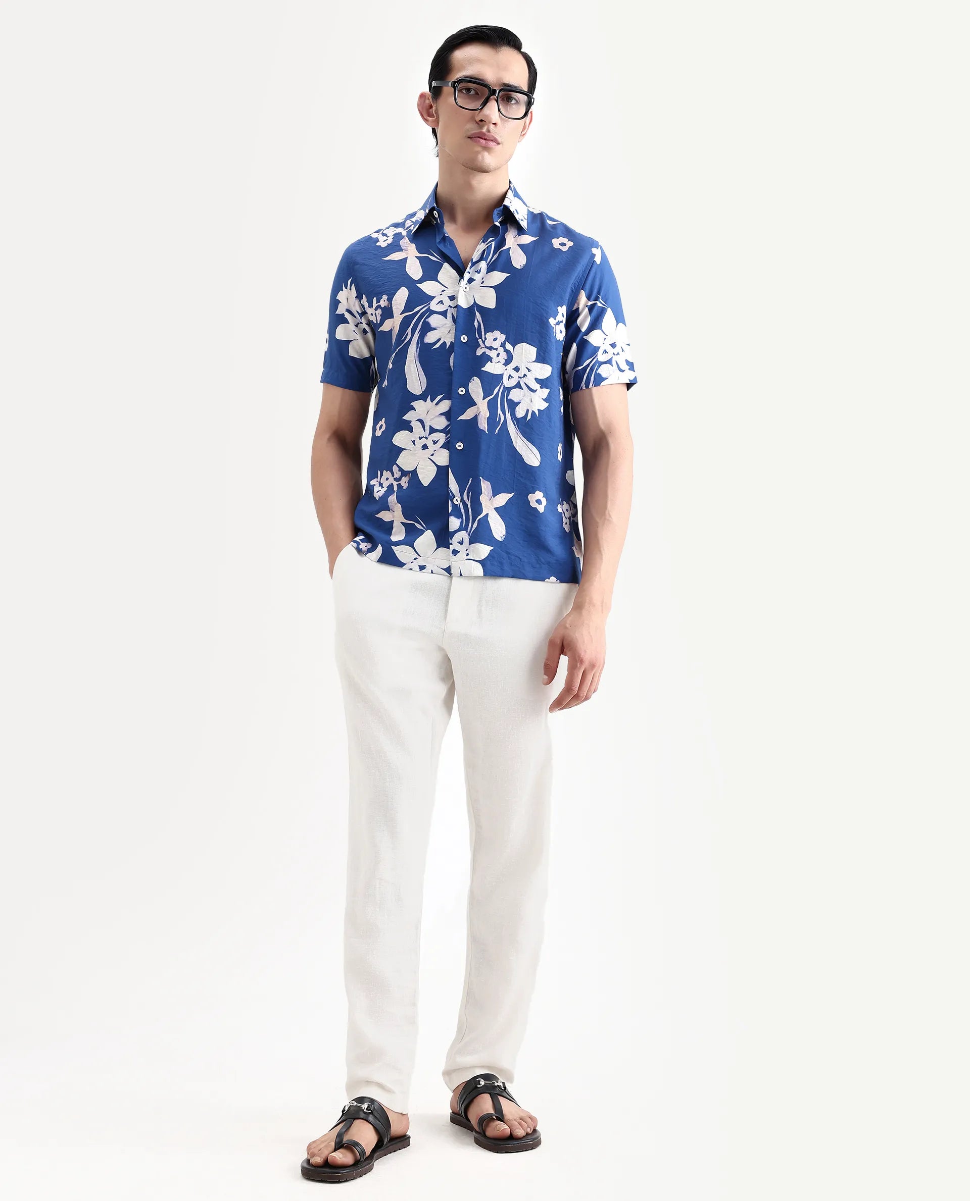 Rare Rabbit Men's Tyro Blue Viscose Blend Fabric Half Sleeve Spread Collar Regular Fit Floral Print Shirt