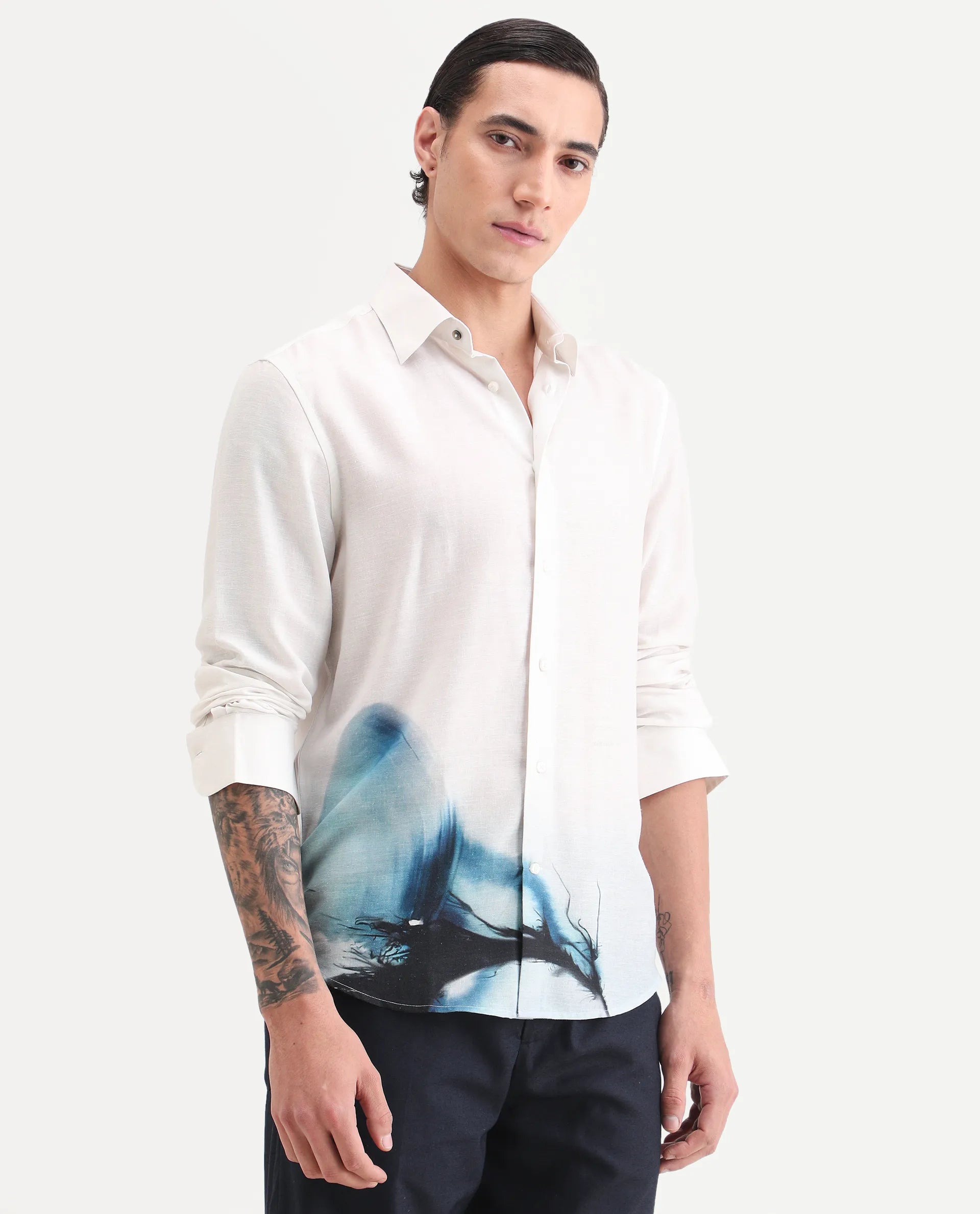 Rare Rabbit Men's Uvex White Linen Blend Fabric Full Sleeve Spread Collar Regular Fit Abstract Print Shirt