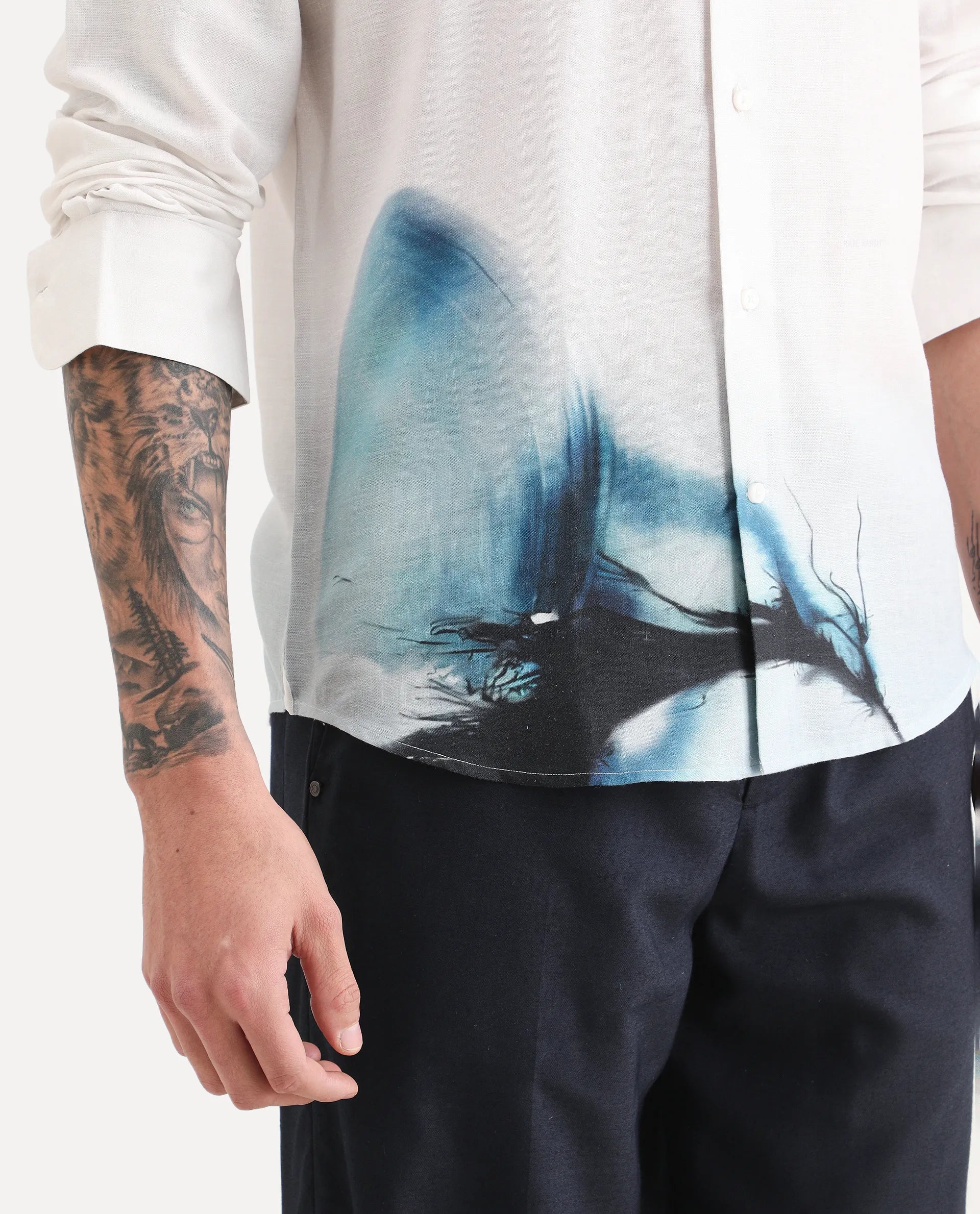 Rare Rabbit Men's Uvex White Linen Blend Fabric Full Sleeve Spread Collar Regular Fit Abstract Print Shirt