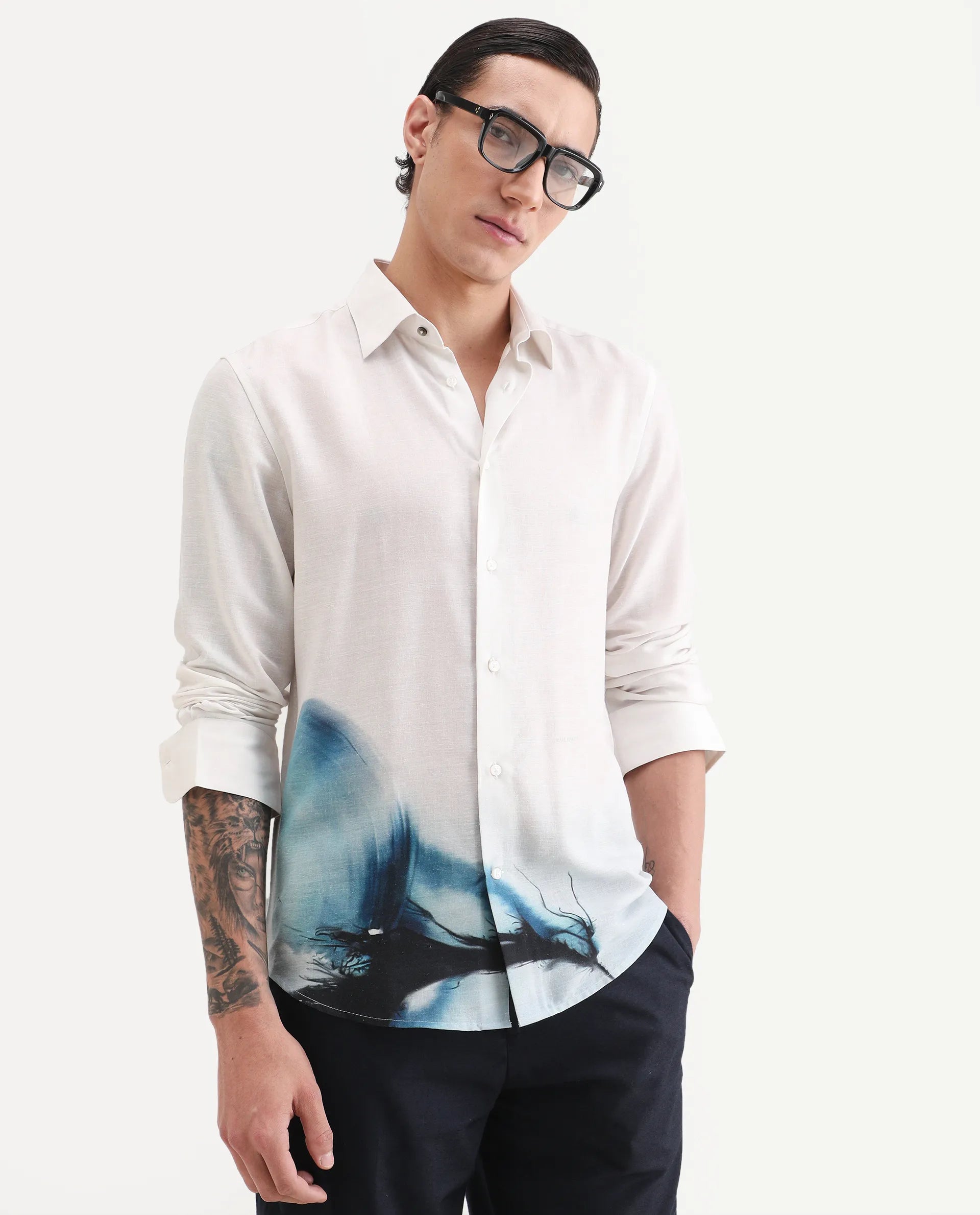 Rare Rabbit Men's Uvex White Linen Blend Fabric Full Sleeve Spread Collar Regular Fit Abstract Print Shirt