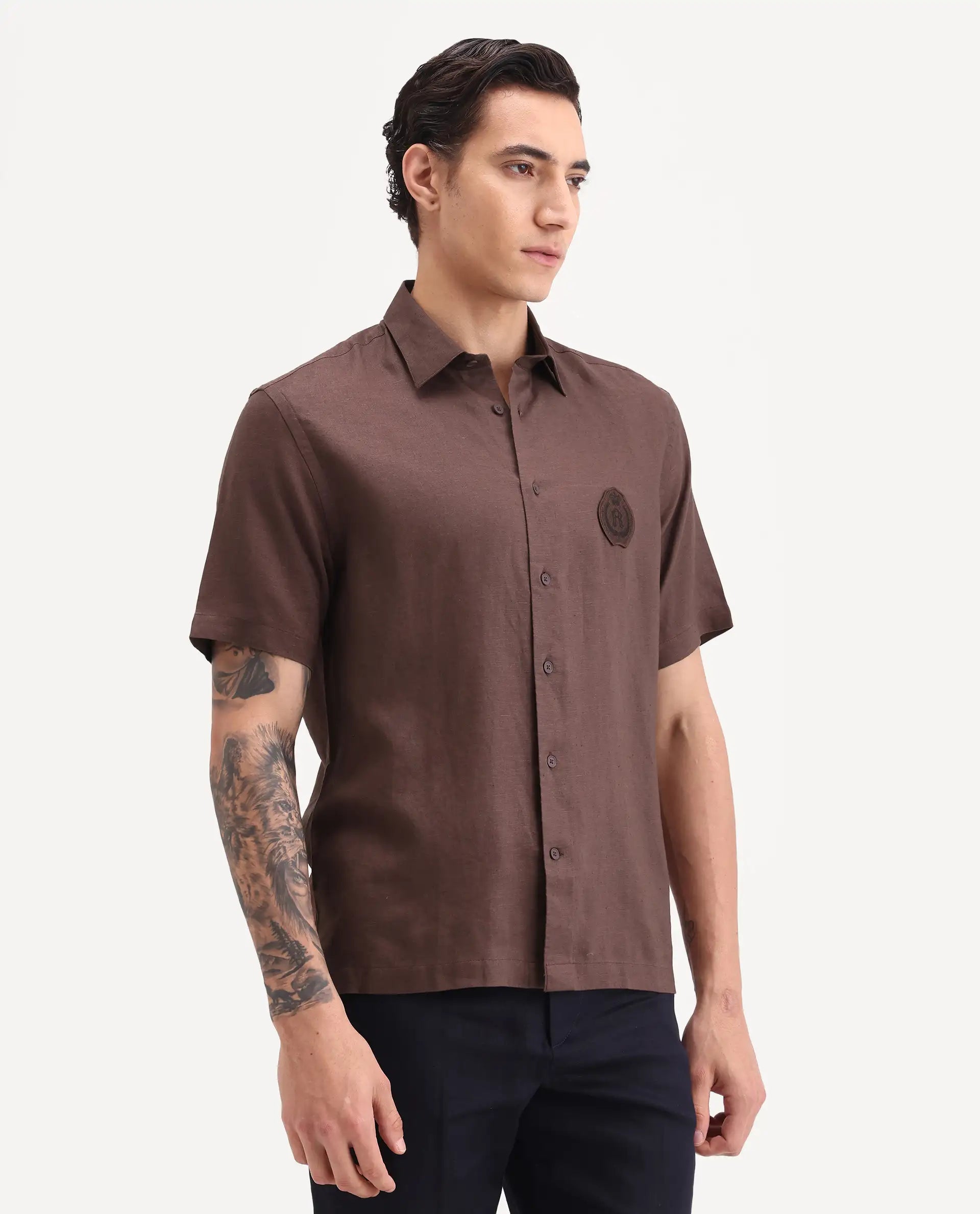 Rare Rabbit Men's Cine Ss Brown Linen Blend Fabric Half Sleeve Spread Collar Regular Fit Plain Shirt