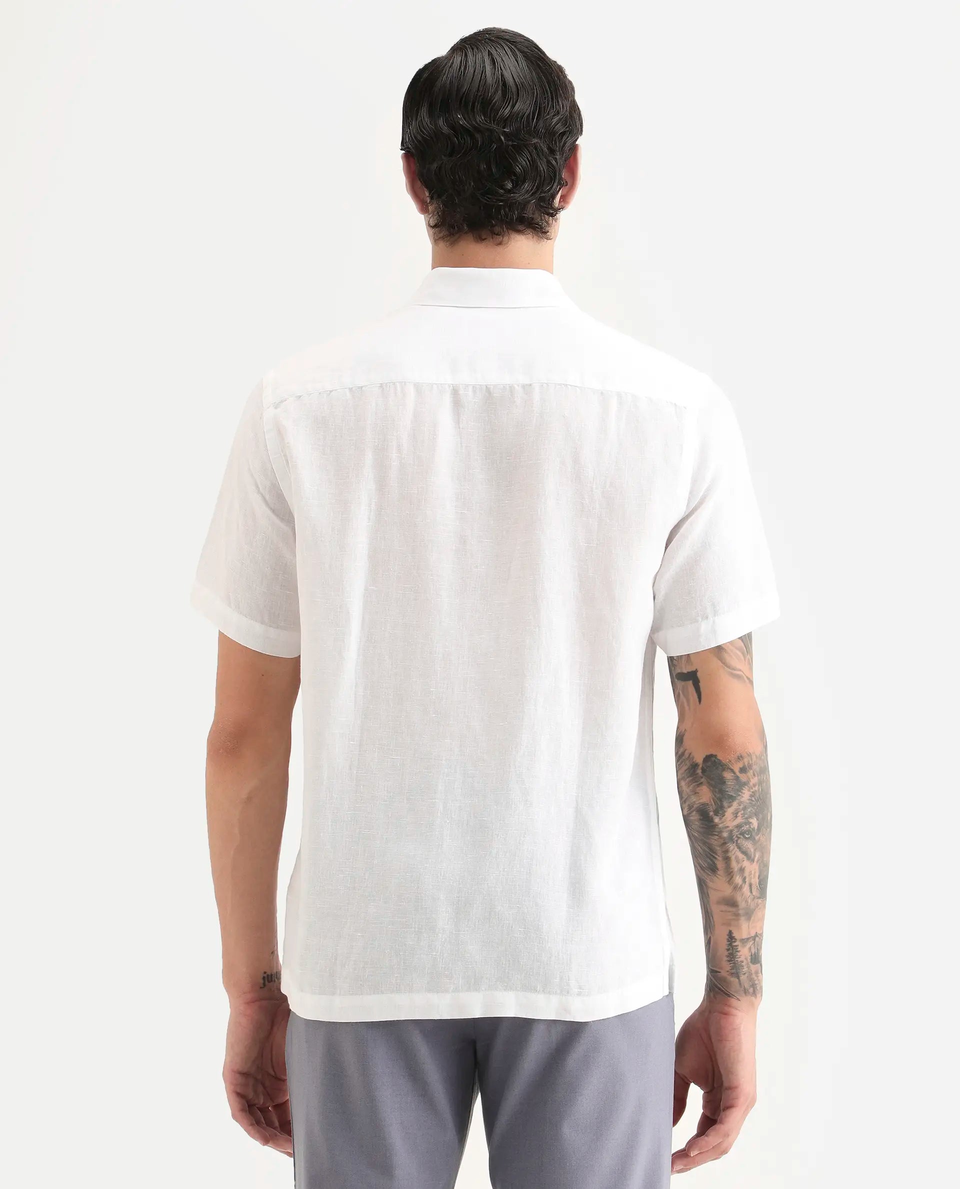 Rare Rabbit Men's Cine Ss White Linen Blend Fabric Half Sleeve Spread Collar Regular Fit Plain Shirt