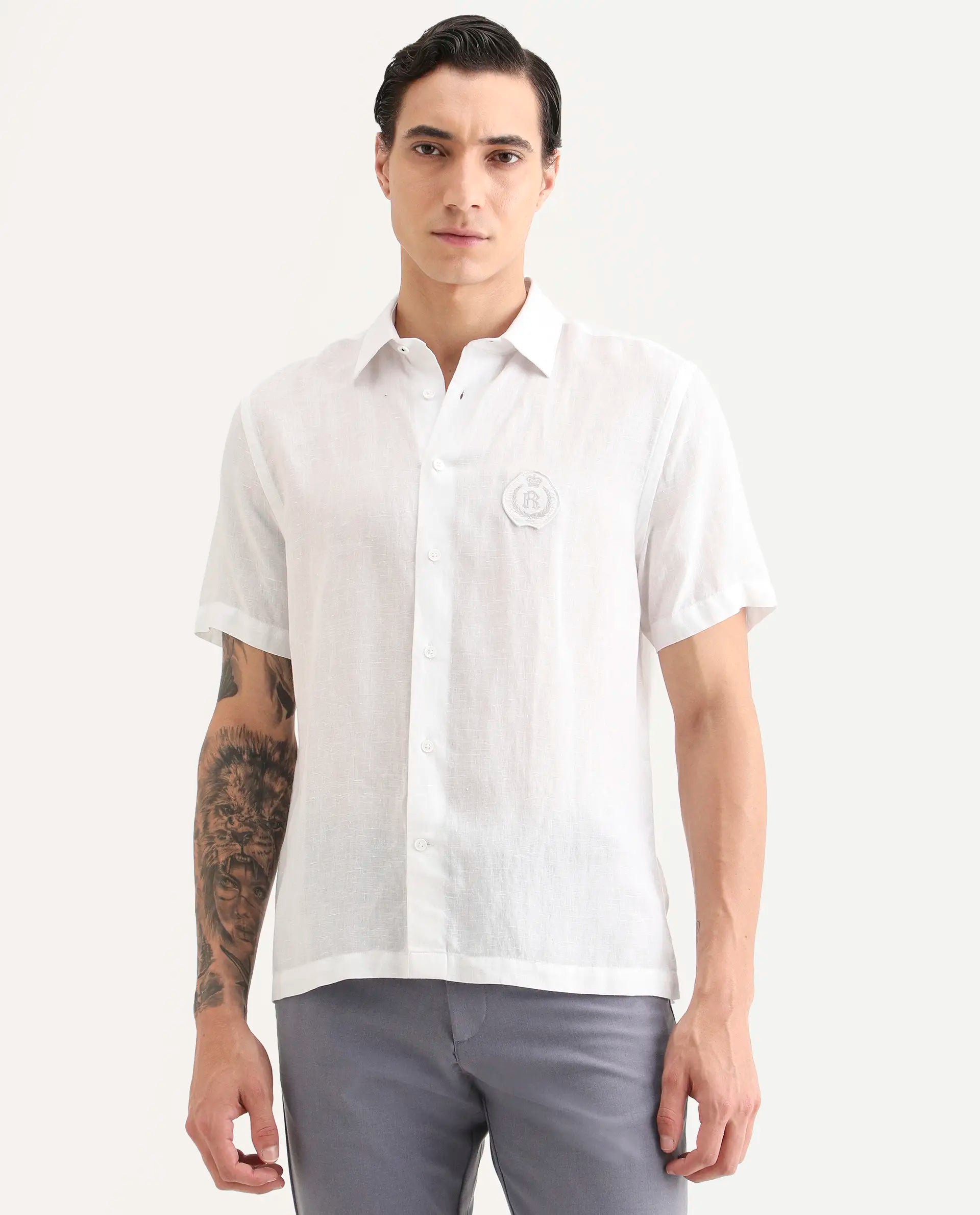 Rare Rabbit Men's Cine Ss White Linen Blend Fabric Half Sleeve Spread Collar Regular Fit Plain Shirt