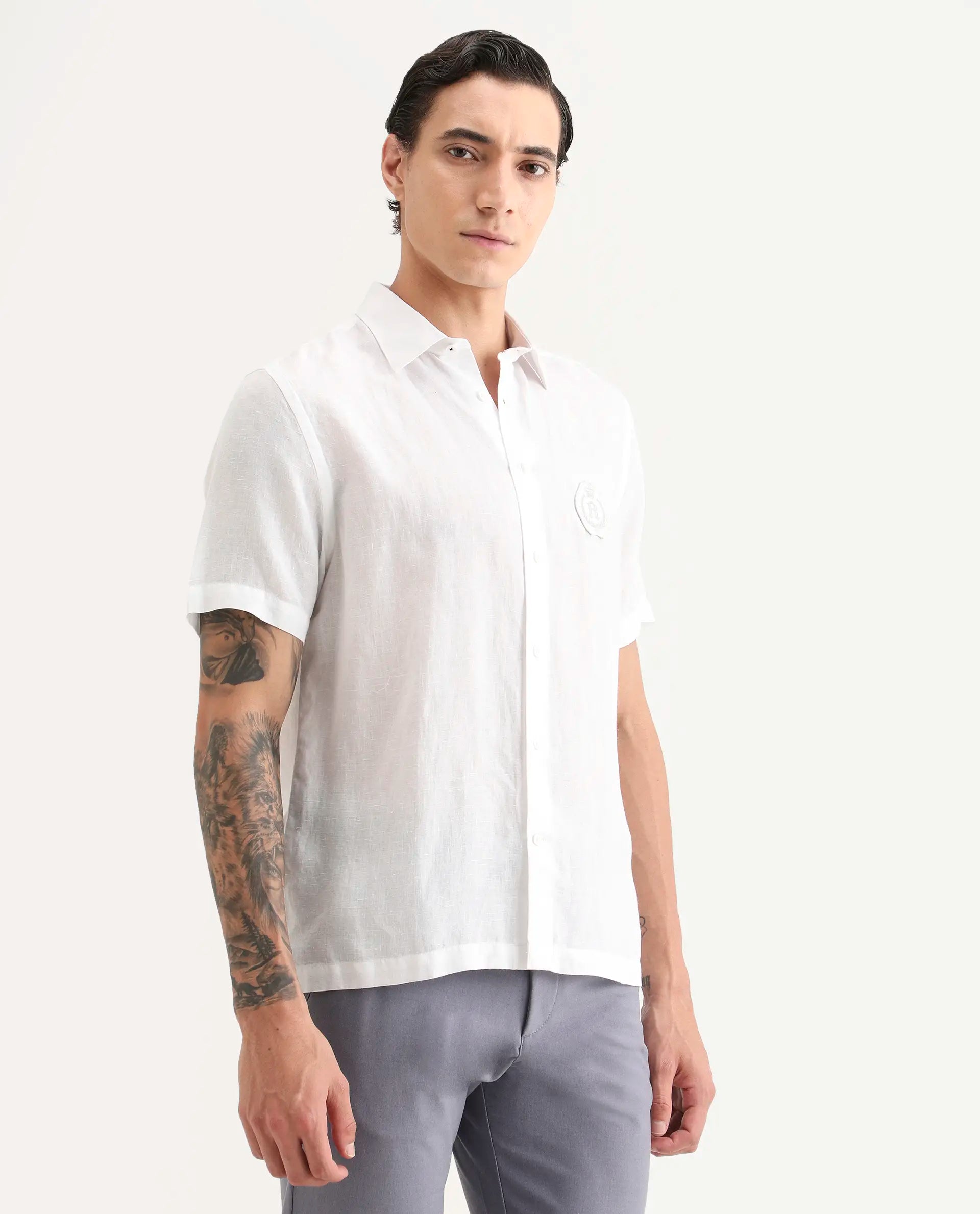 Rare Rabbit Men's Cine Ss White Linen Blend Fabric Half Sleeve Spread Collar Regular Fit Plain Shirt