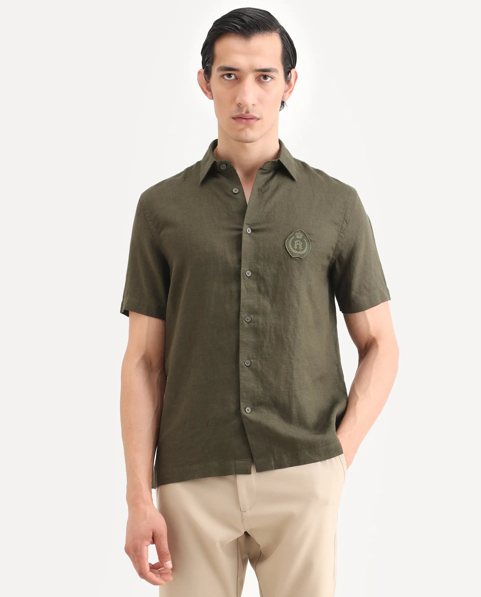Rare Rabbit Men's Cine Ss Olive Linen Blend Fabric Half Sleeve Spread Collar Regular Fit Plain Shirt