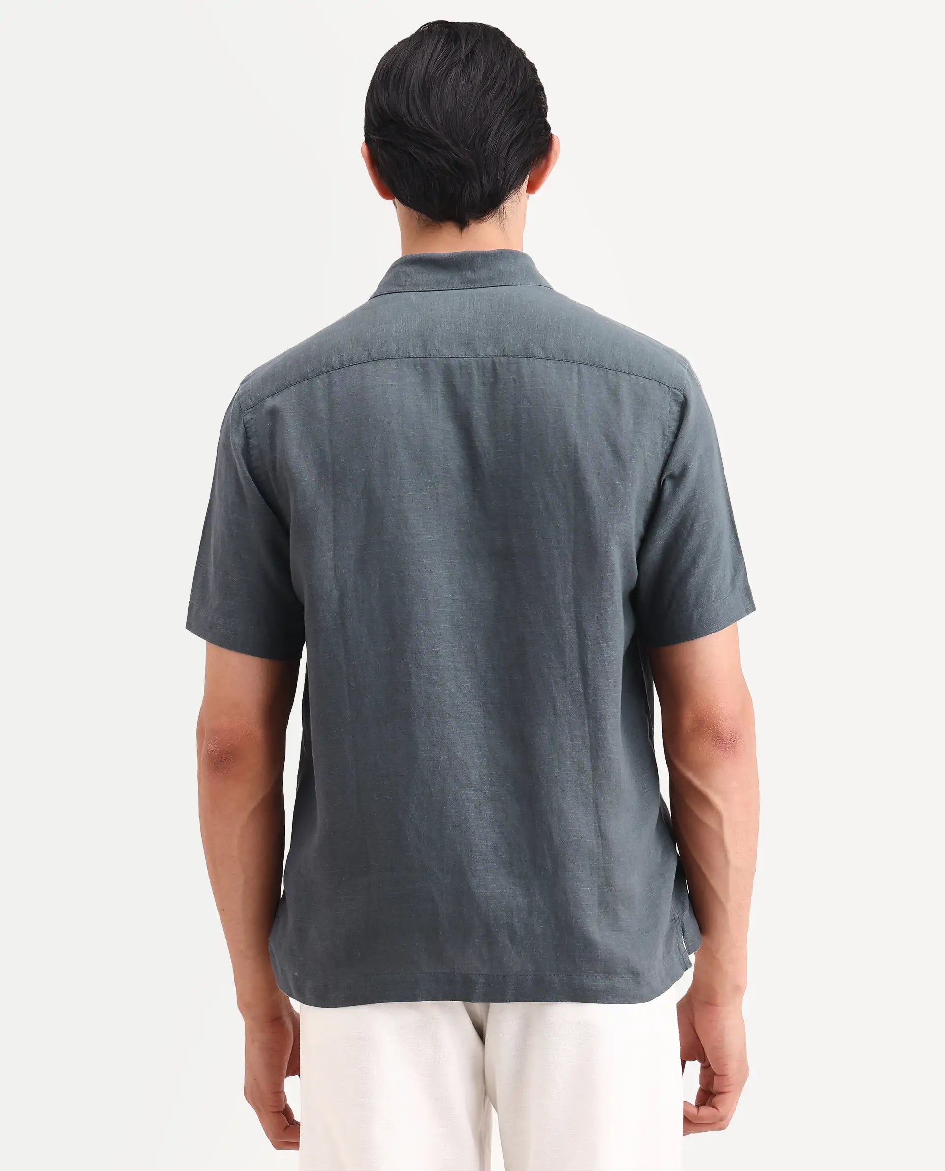 Rare Rabbit Men's Cine Ss Dark Blue Linen Blend Fabric Half Sleeve Spread Collar Regular Fit Plain Shirt