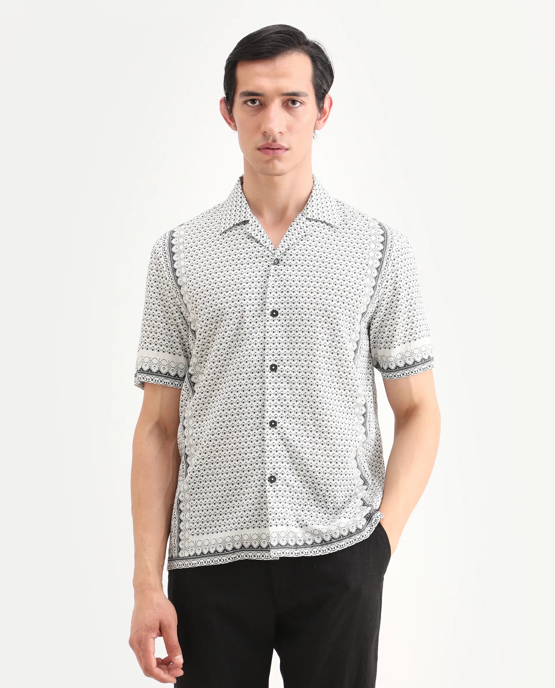 Rare Rabbit Men's Woqs White Viscose Blend Fabric Half Sleeve Cuban Collar Regular Fit Geometric Print Shirt