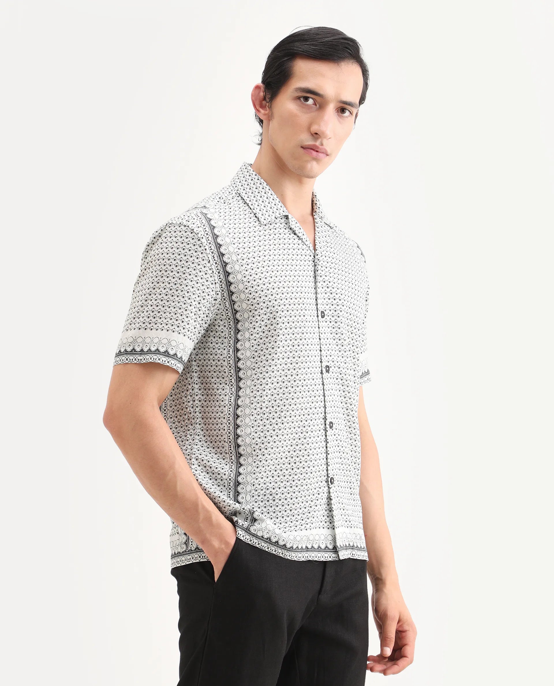 Rare Rabbit Men's Woqs White Viscose Blend Fabric Half Sleeve Cuban Collar Regular Fit Geometric Print Shirt