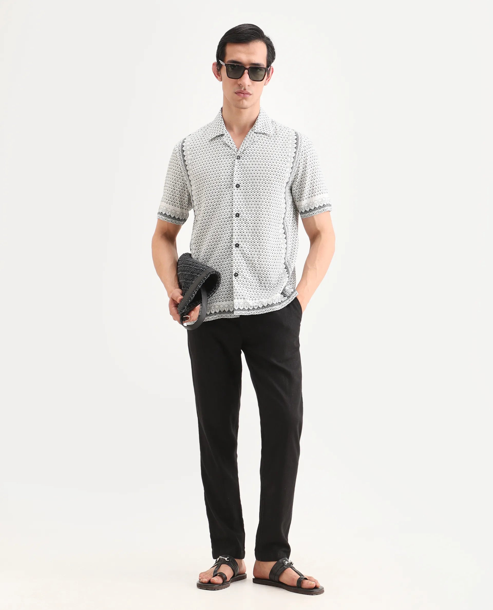 Rare Rabbit Men's Woqs White Viscose Blend Fabric Half Sleeve Cuban Collar Regular Fit Geometric Print Shirt