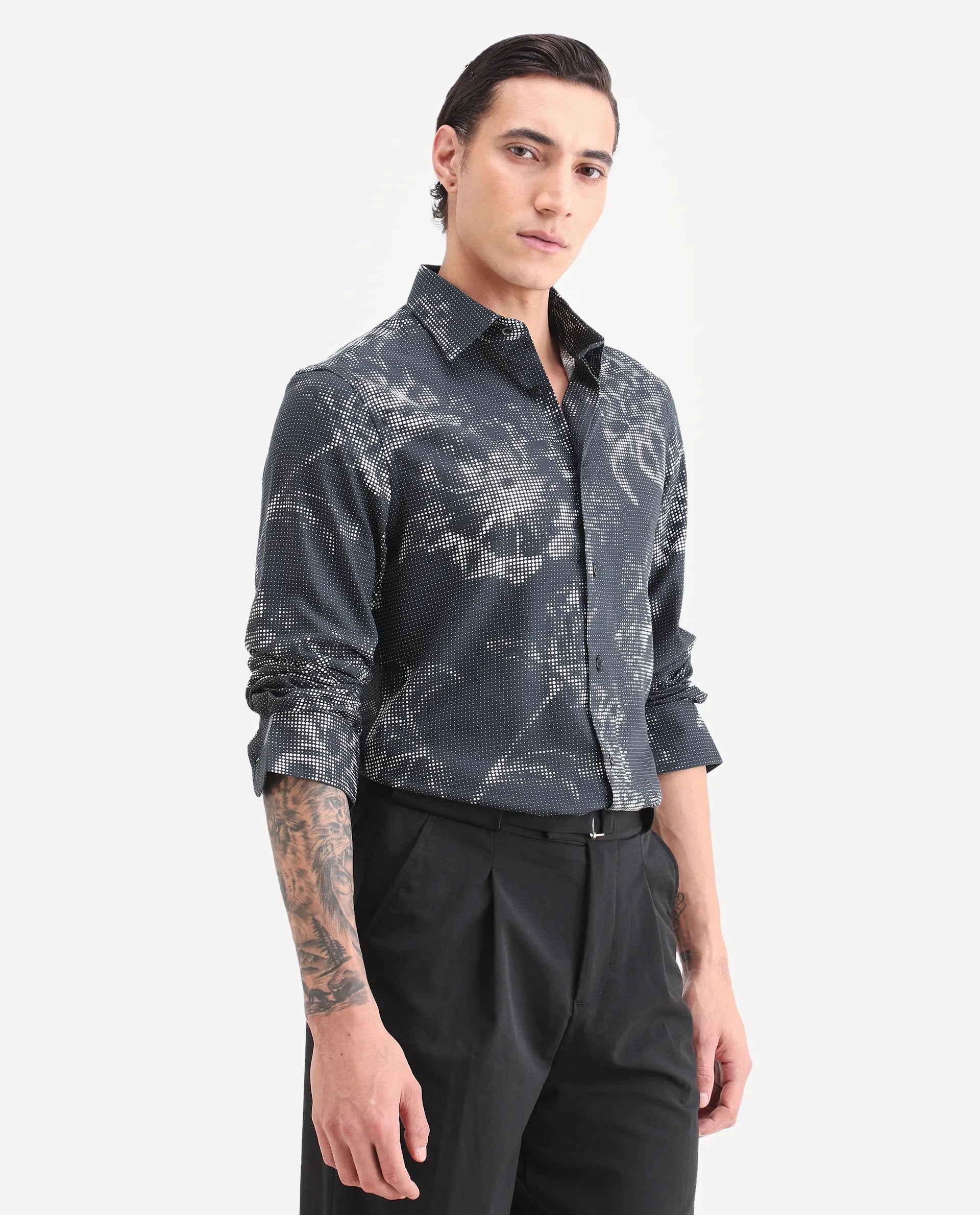 Rare Rabbit Men's Xald Black Modal Blend Fabric Full Sleeve Spread Collar Regular Fit Floral Print Shirt