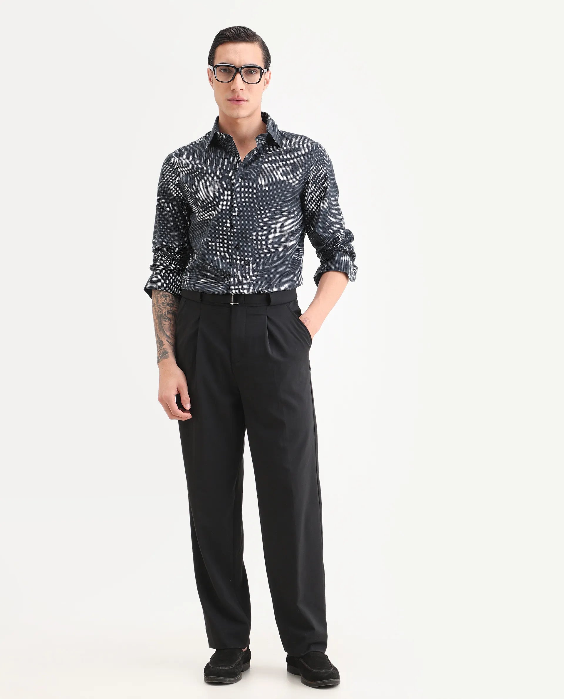 Rare Rabbit Men's Xald Black Modal Blend Fabric Full Sleeve Spread Collar Regular Fit Floral Print Shirt