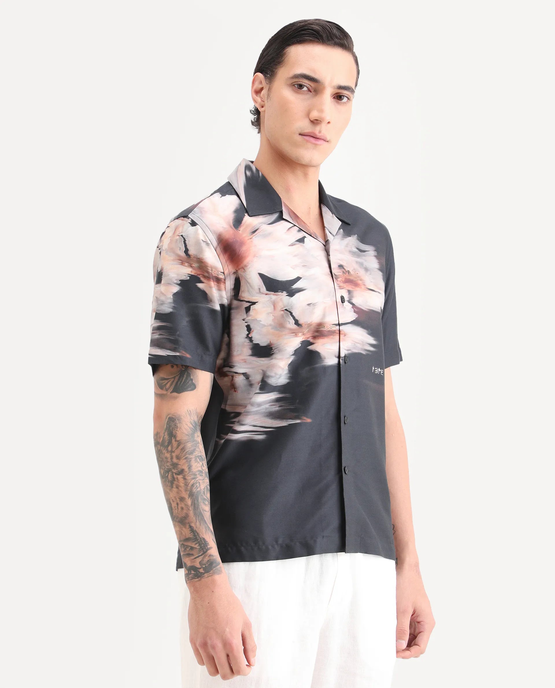 Rare Rabbit Men's Xava Black Cotton Blend Fabric Half Sleeve Regular Fit Floral Print Shirt