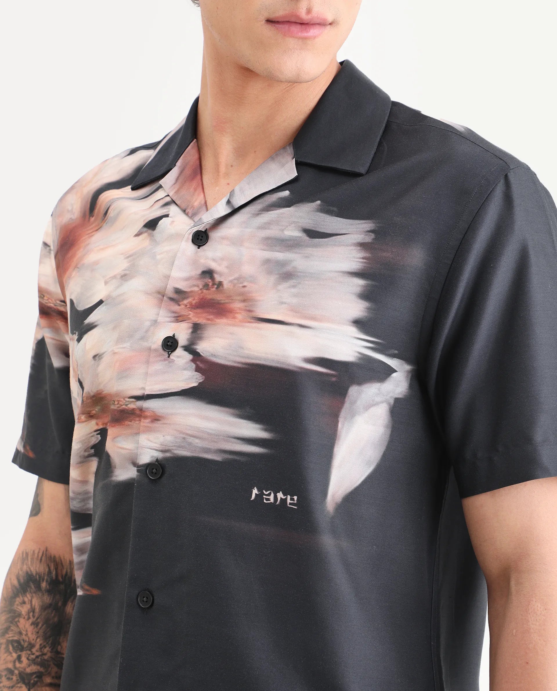 Rare Rabbit Men's Xava Black Cotton Blend Fabric Half Sleeve Regular Fit Floral Print Shirt