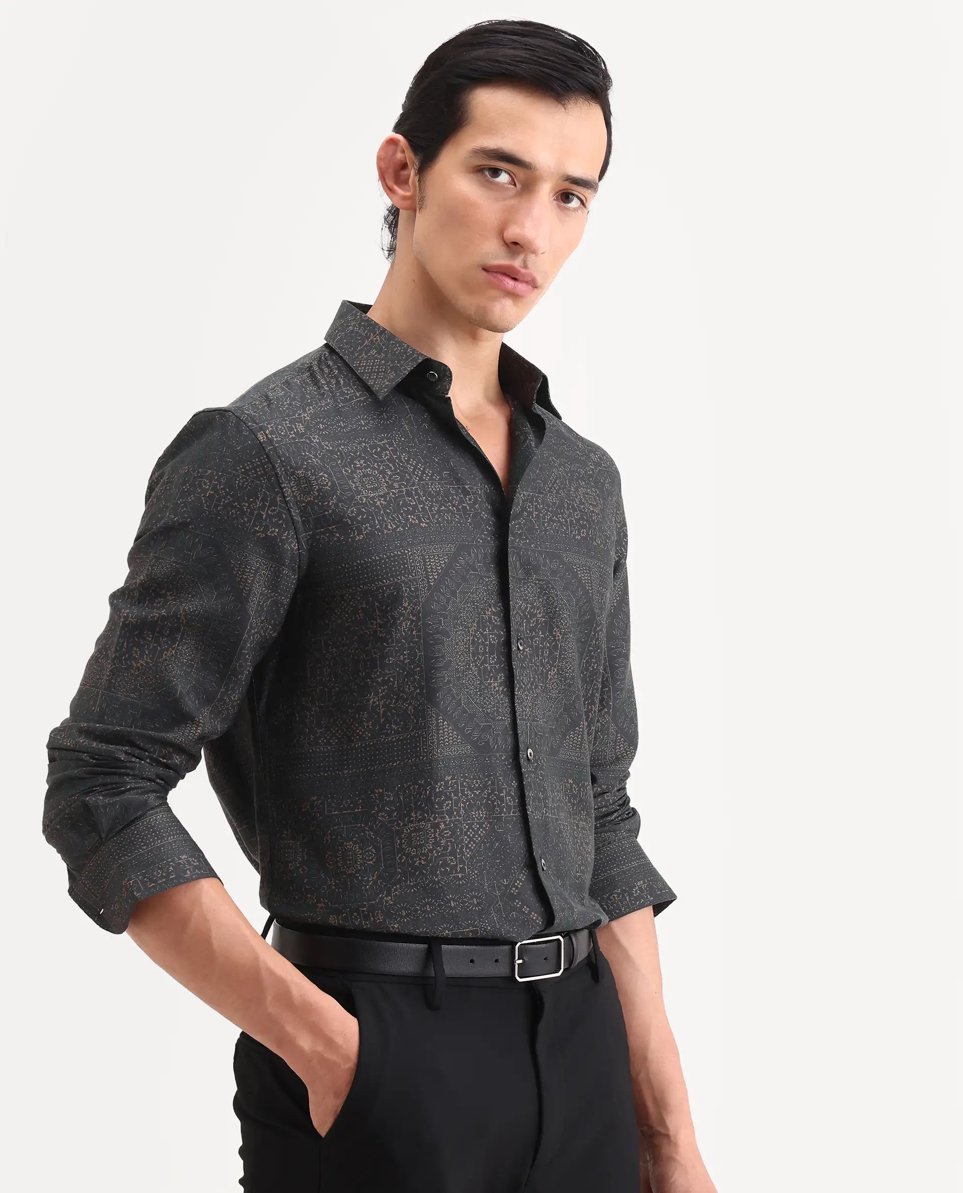 Rare Rabbit Men's Yotz Black Cotton Blend Fabric Full Sleeve Spread Collar Regular Fit Geometric Print Shirt