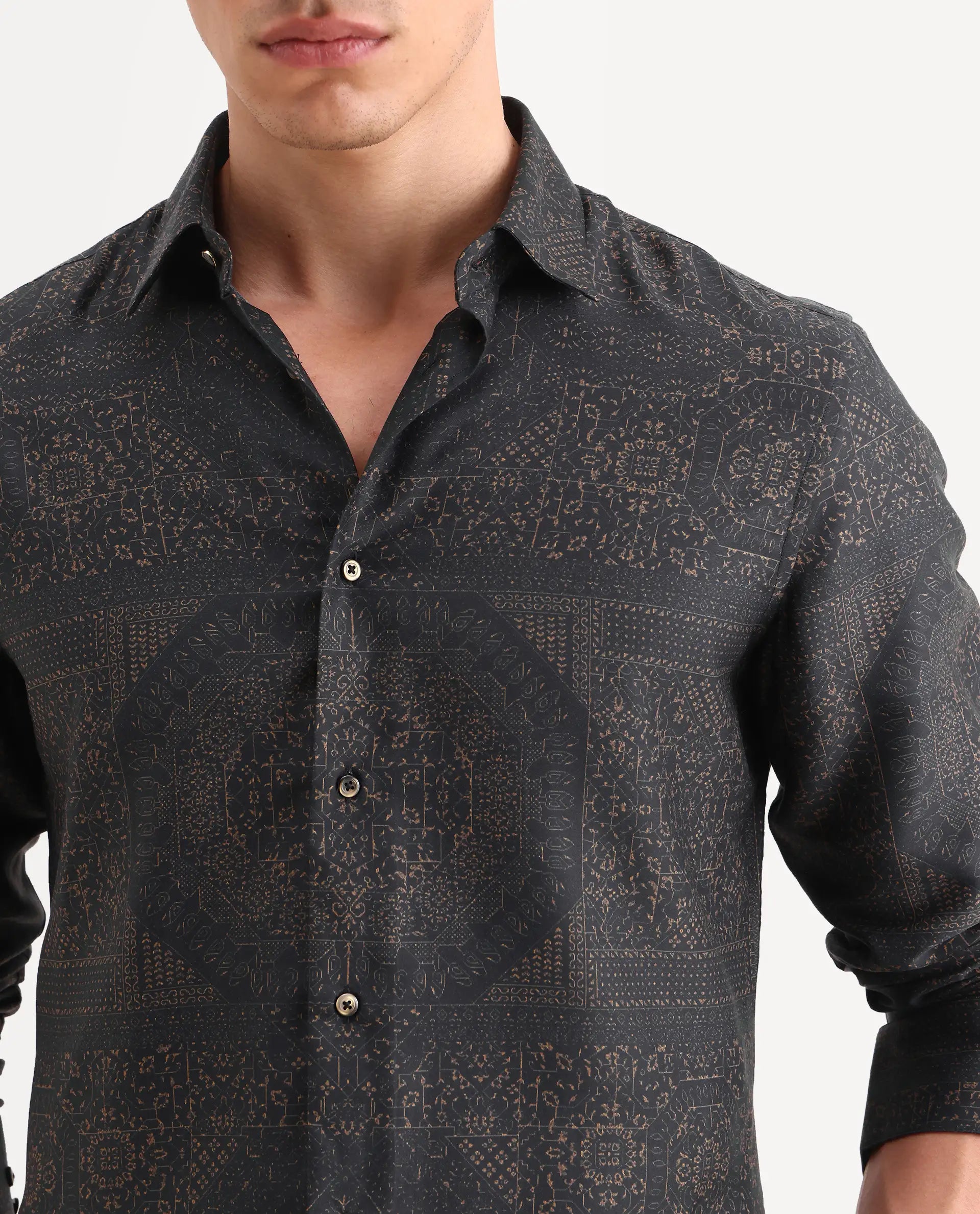 Rare Rabbit Men's Yotz Black Cotton Blend Fabric Full Sleeve Spread Collar Regular Fit Geometric Print Shirt