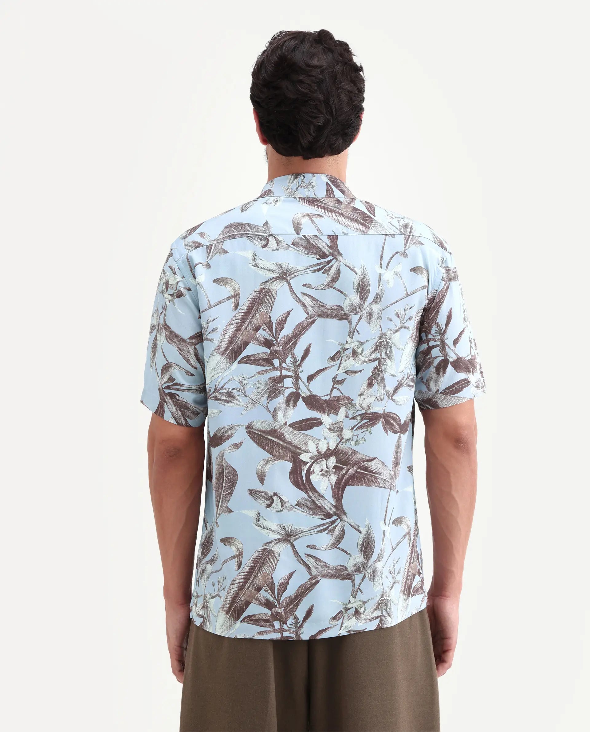 Rare Rabbit Men's Zime Dusky Blue Viscose Fabric Half Sleeve Cuban Collar Regular Fit Tropical Print Shirt