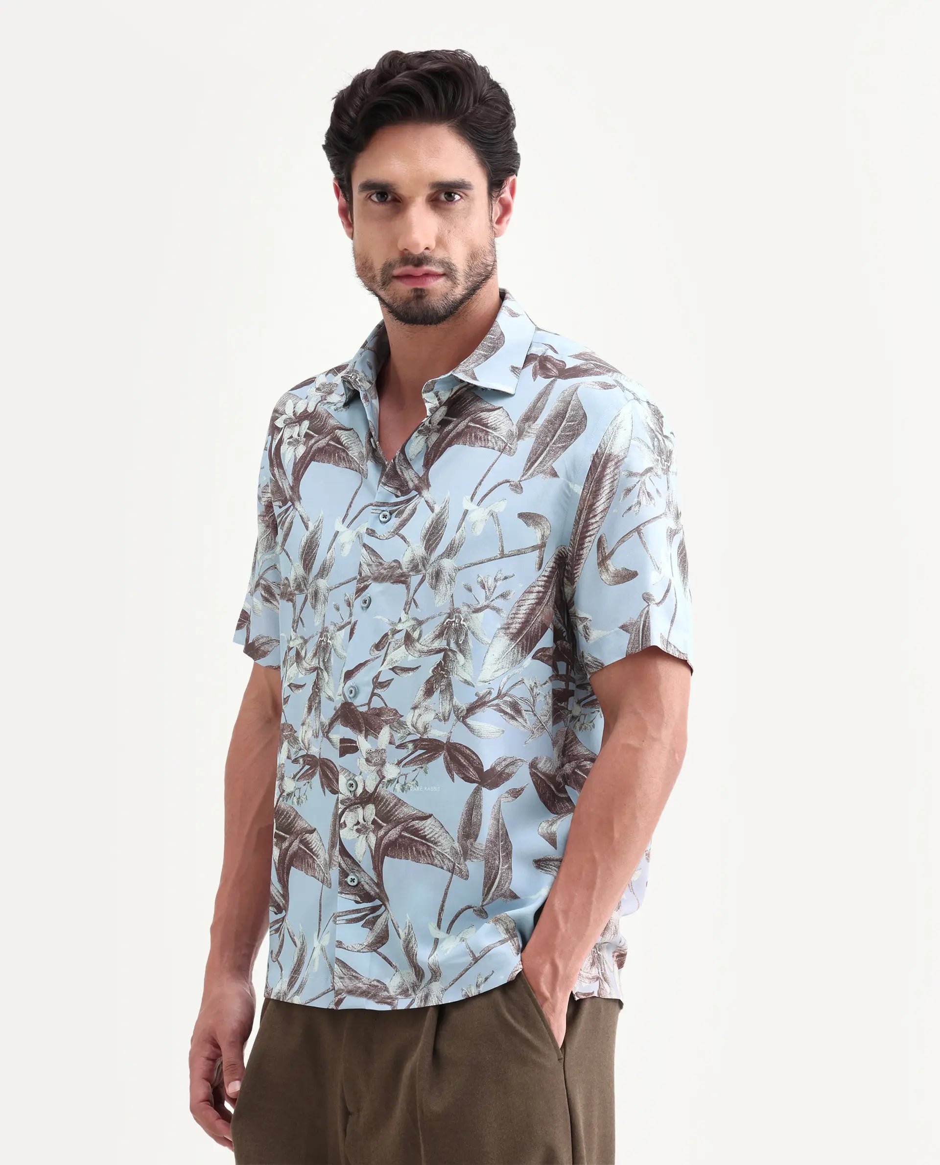 Rare Rabbit Men's Zime Dusky Blue Viscose Fabric Half Sleeve Cuban Collar Regular Fit Tropical Print Shirt