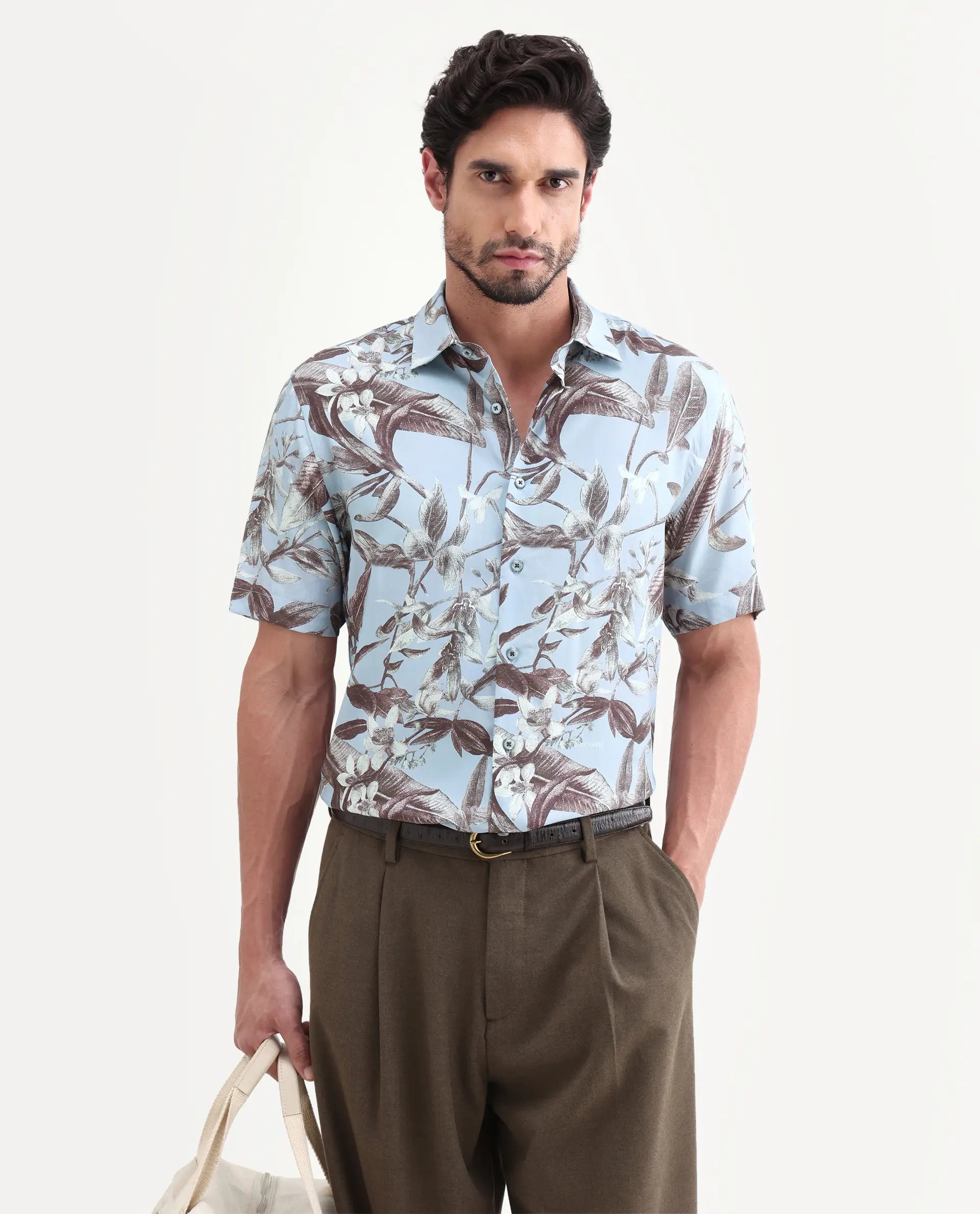 Rare Rabbit Men's Zime Dusky Blue Viscose Fabric Half Sleeve Cuban Collar Regular Fit Tropical Print Shirt