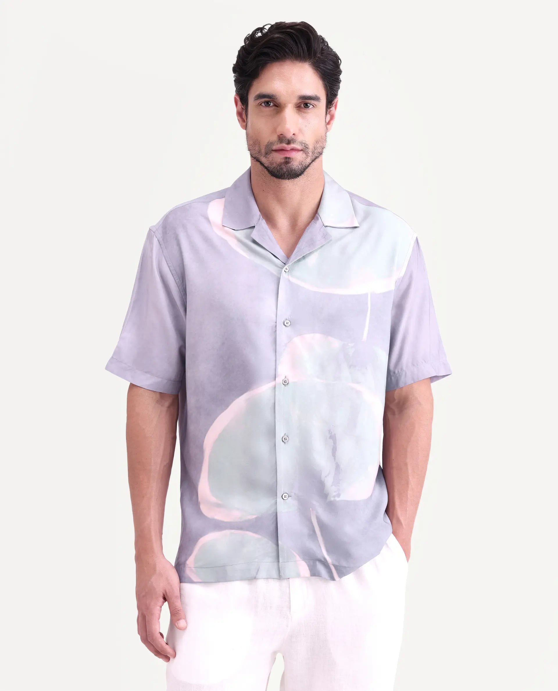 Rare Rabbit Men's Zuvk Dusky Purple Viscose Fabric Half Sleeve Cuban Collar Regular Fit Abstract Print Shirt