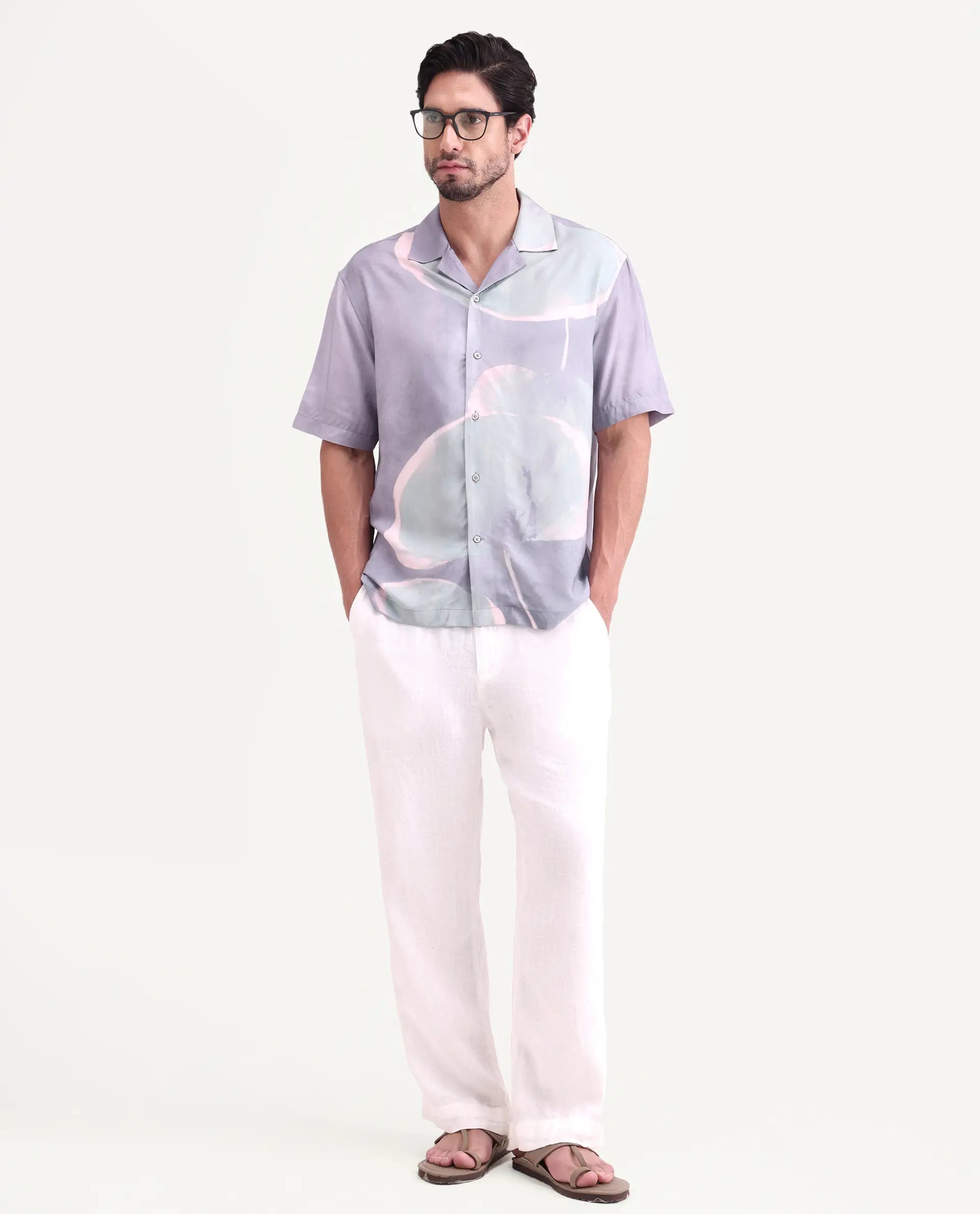 Rare Rabbit Men's Zuvk Dusky Purple Viscose Fabric Half Sleeve Cuban Collar Regular Fit Abstract Print Shirt