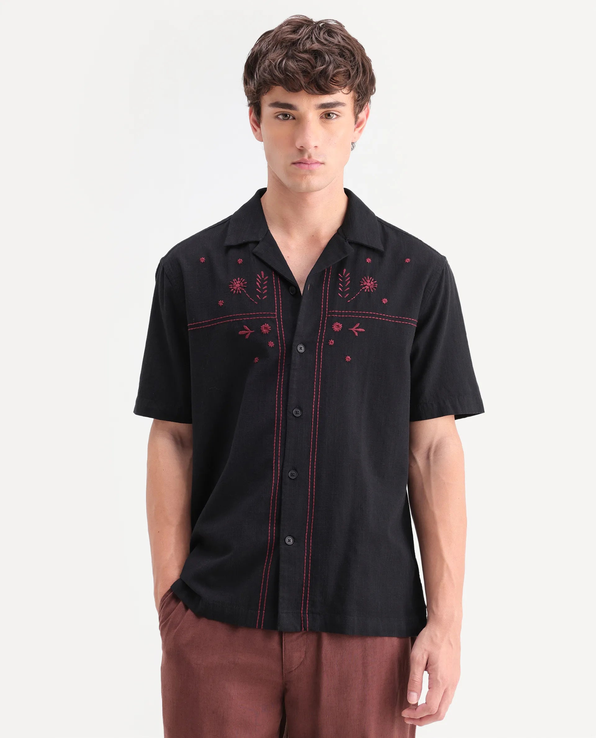 Rare Rabbit Men's Gwen 26 Dark Black Cotton Blend Fabric Half Sleeve Cuban Collar Relaxed Fit Embroidered Shirt