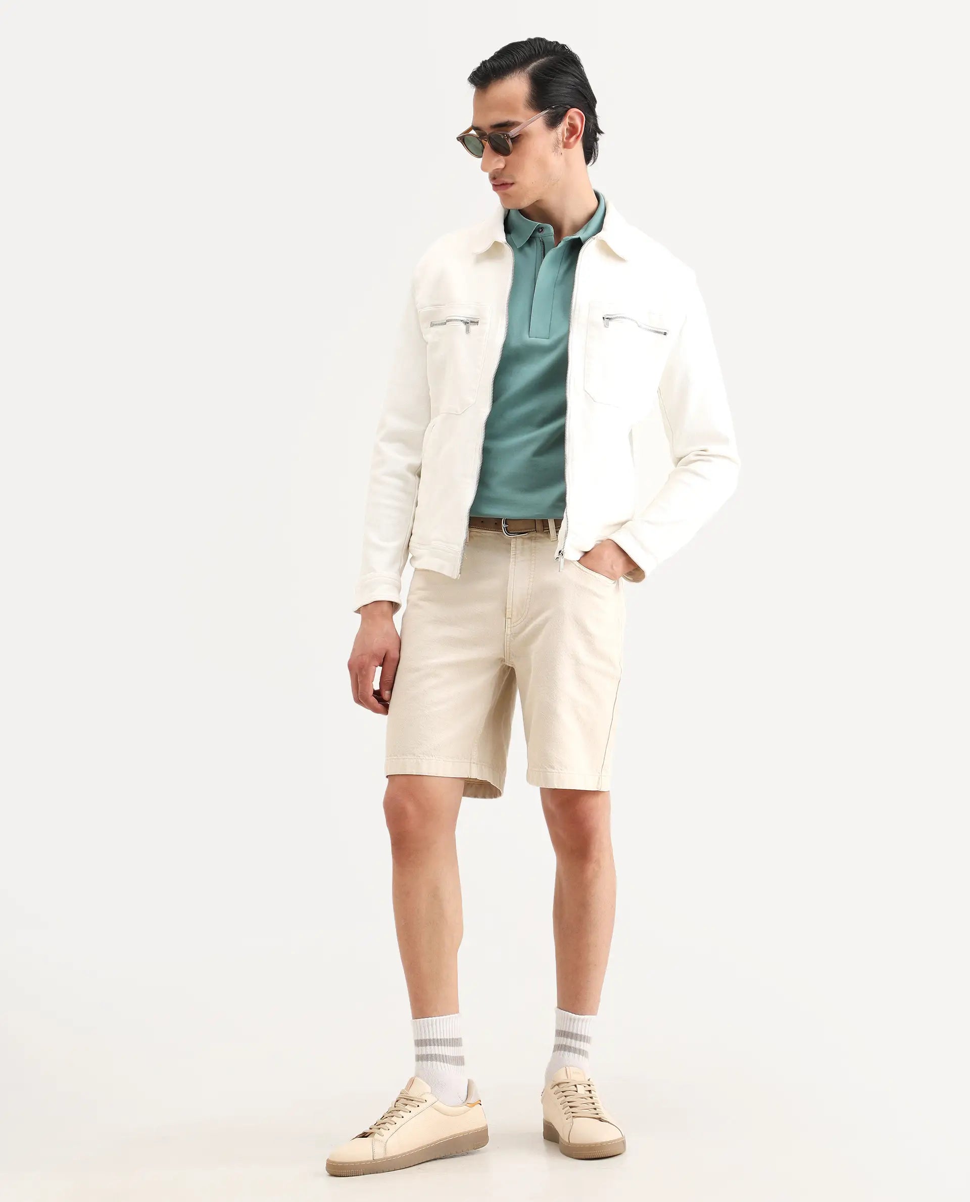 Rare Rabbit Men's Carp Light Beige Cotton Fabric Regular Fit Plain Shorts