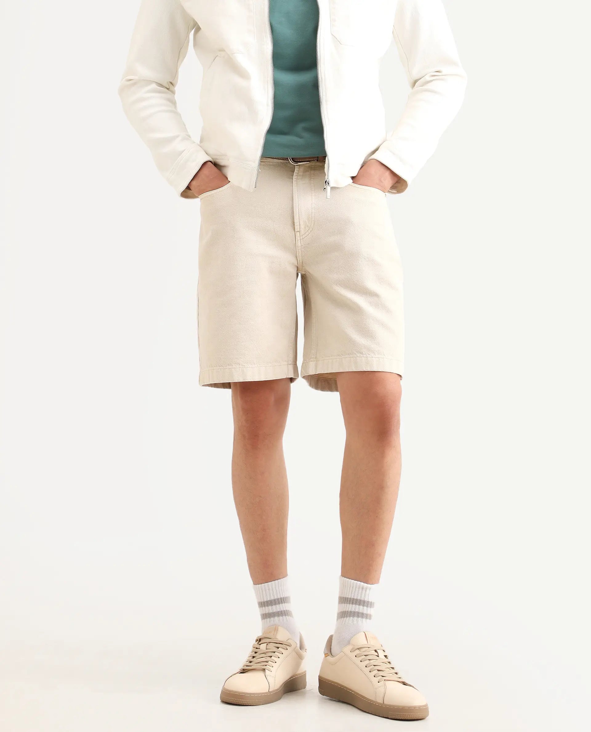 Rare Rabbit Men's Carp Light Beige Cotton Fabric Regular Fit Plain Shorts