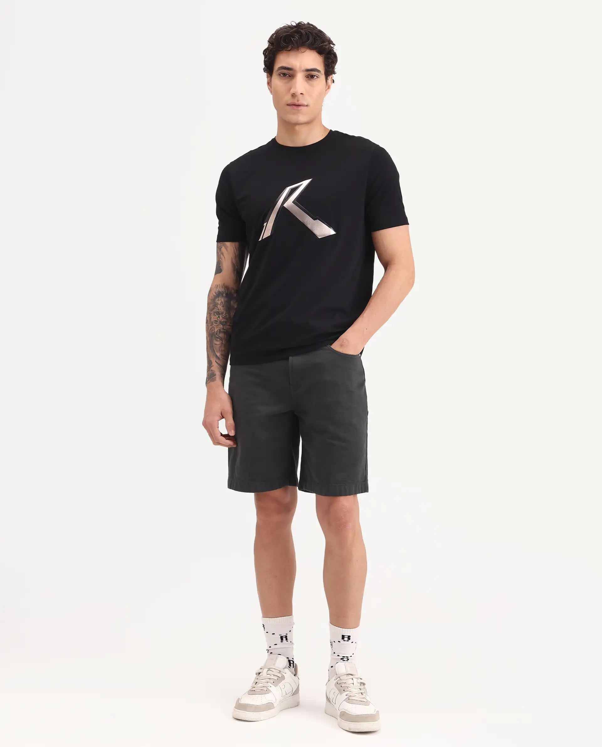 Rare Rabbit Men's Carp Dark Grey Cotton Fabric Regular Fit Plain Shorts