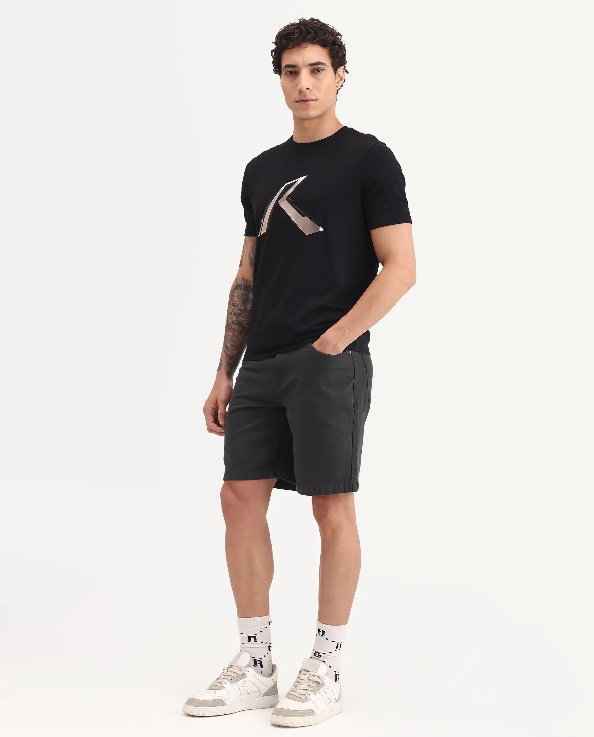 Rare Rabbit Men's Carp Dark Grey Cotton Fabric Regular Fit Plain Shorts