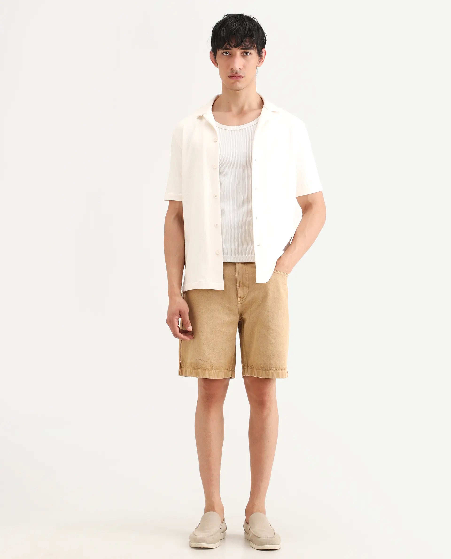 Rare Rabbit Men's Carp Khaki Cotton Fabric Relaxed Fit Plain Shorts