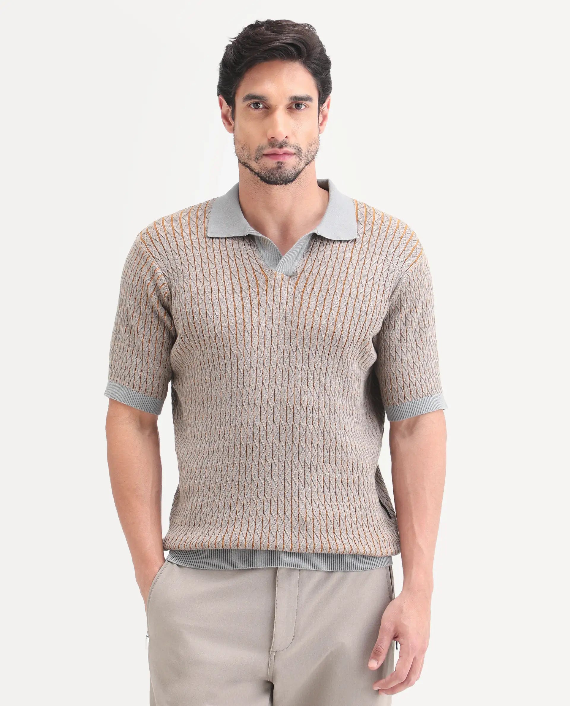 Rare Rabbit Men's Dot Light Grey Cotton Fabric Half Sleeve Regular Fit Textured Polo