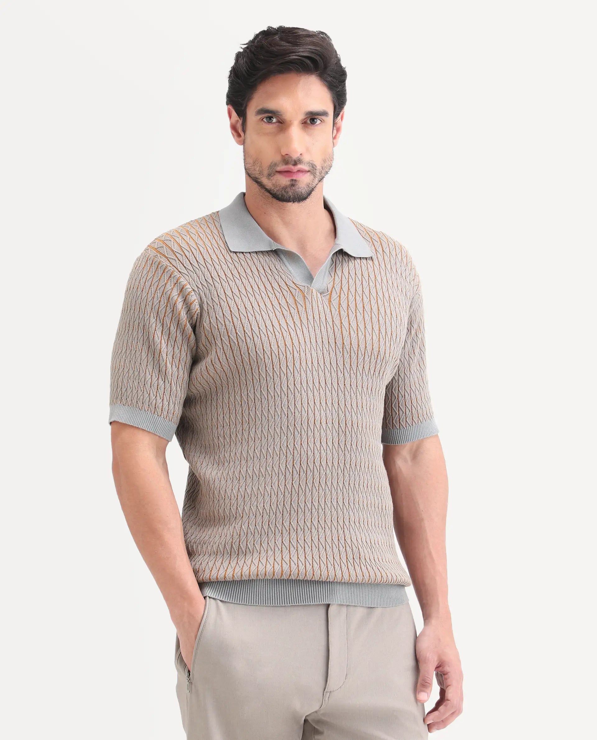 Rare Rabbit Men's Dot Light Grey Cotton Fabric Half Sleeve Regular Fit Textured Polo