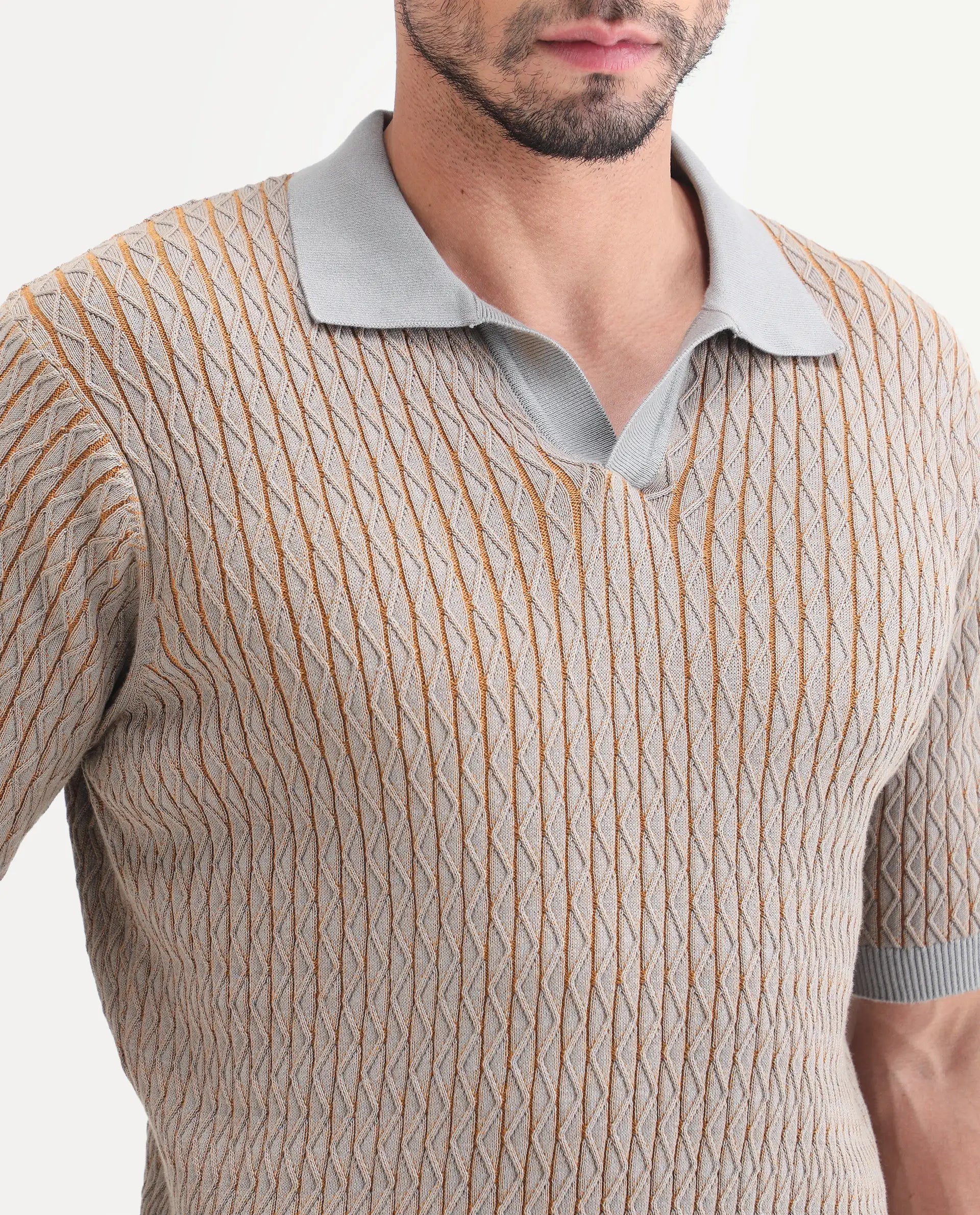 Rare Rabbit Men's Dot Light Grey Cotton Fabric Half Sleeve Regular Fit Textured Polo