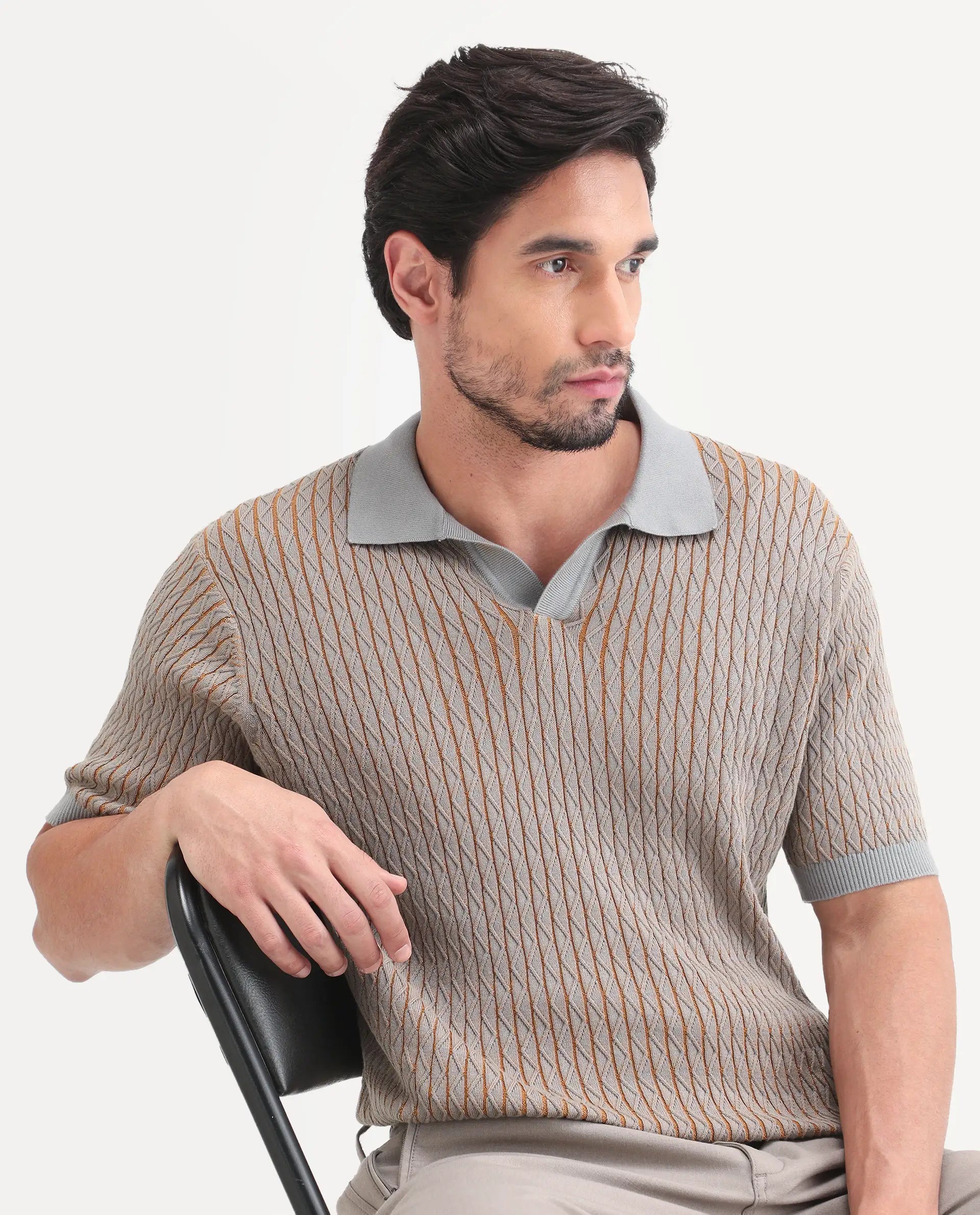 Rare Rabbit Men's Dot Light Grey Cotton Fabric Half Sleeve Regular Fit Textured Polo