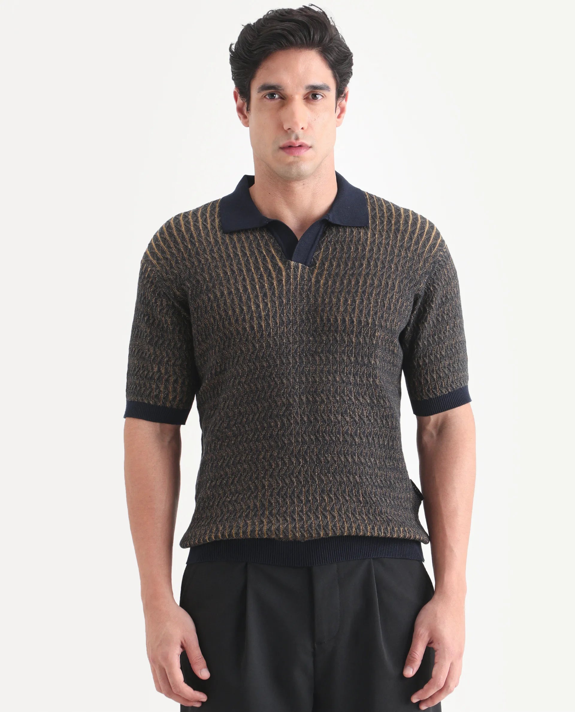 Rare Rabbit Men's Dot Navy Cotton Fabric Half Sleeve Regular Fit Textured Polo