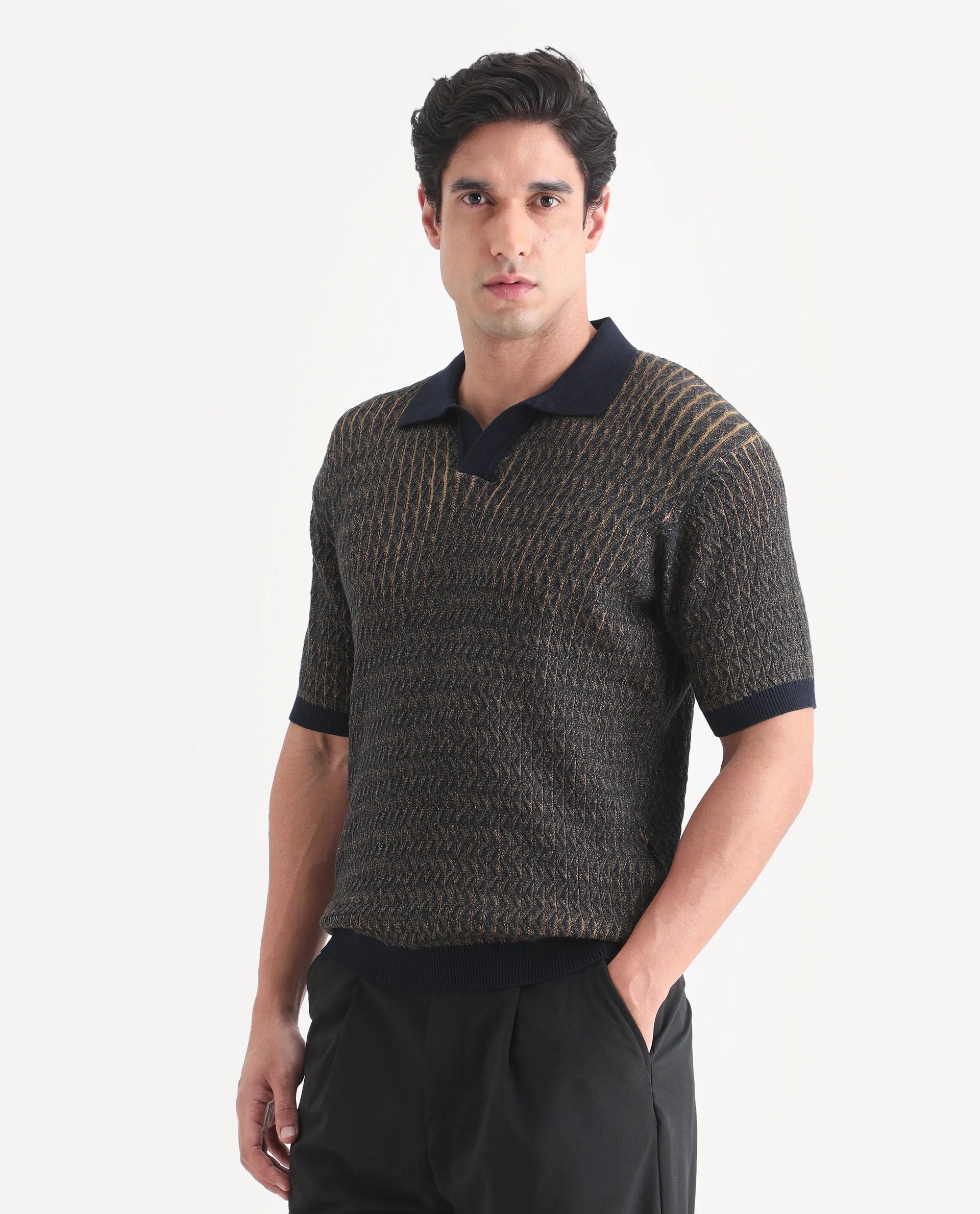 Rare Rabbit Men's Dot Navy Cotton Fabric Half Sleeve Regular Fit Textured Polo